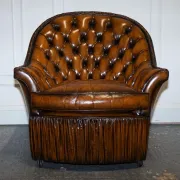 Brown Hand-Dyed Leather Chesterfield Armchairs with Pleated Front, Set of 2