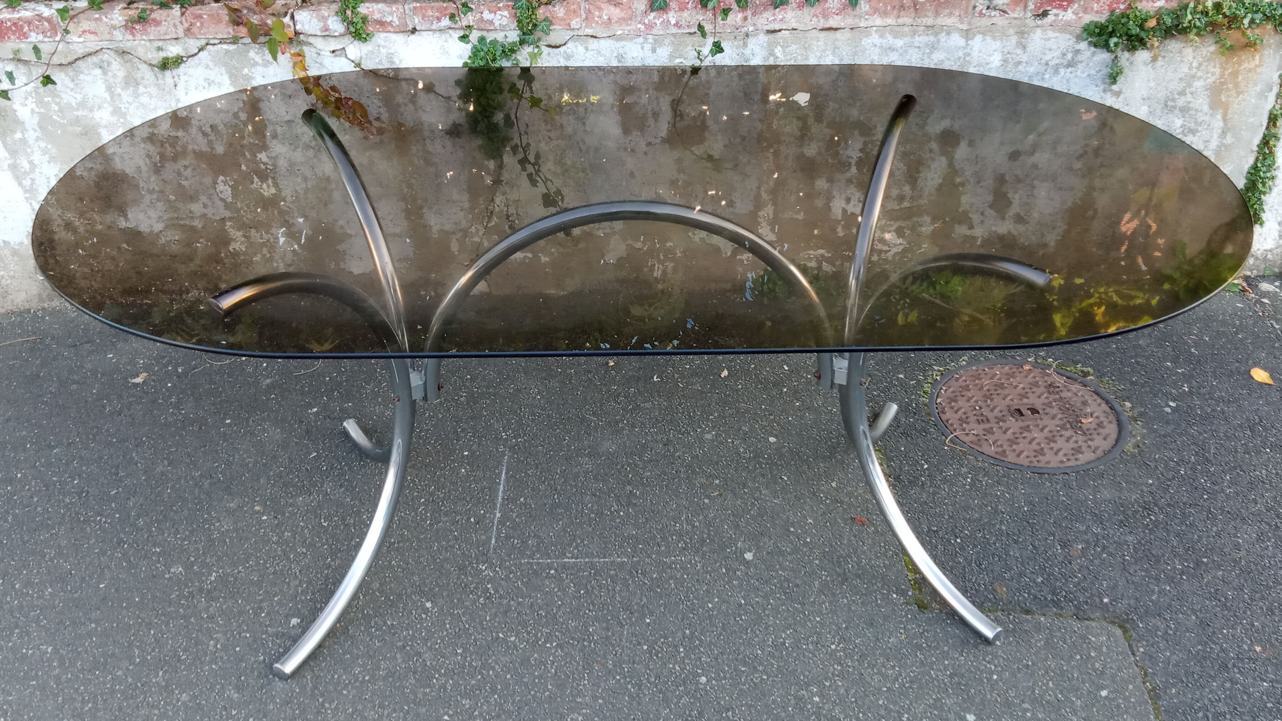 Oval table smoked glass and chrome 70s