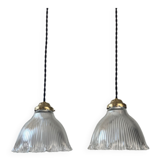 Pair of vintage prismatic glass pendant lamps