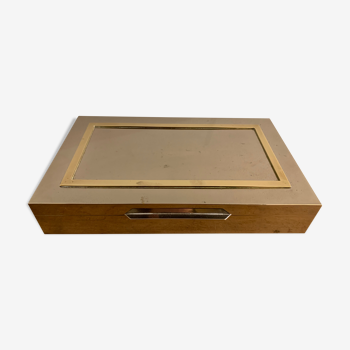 Brass cigar box, chrome metal and wood