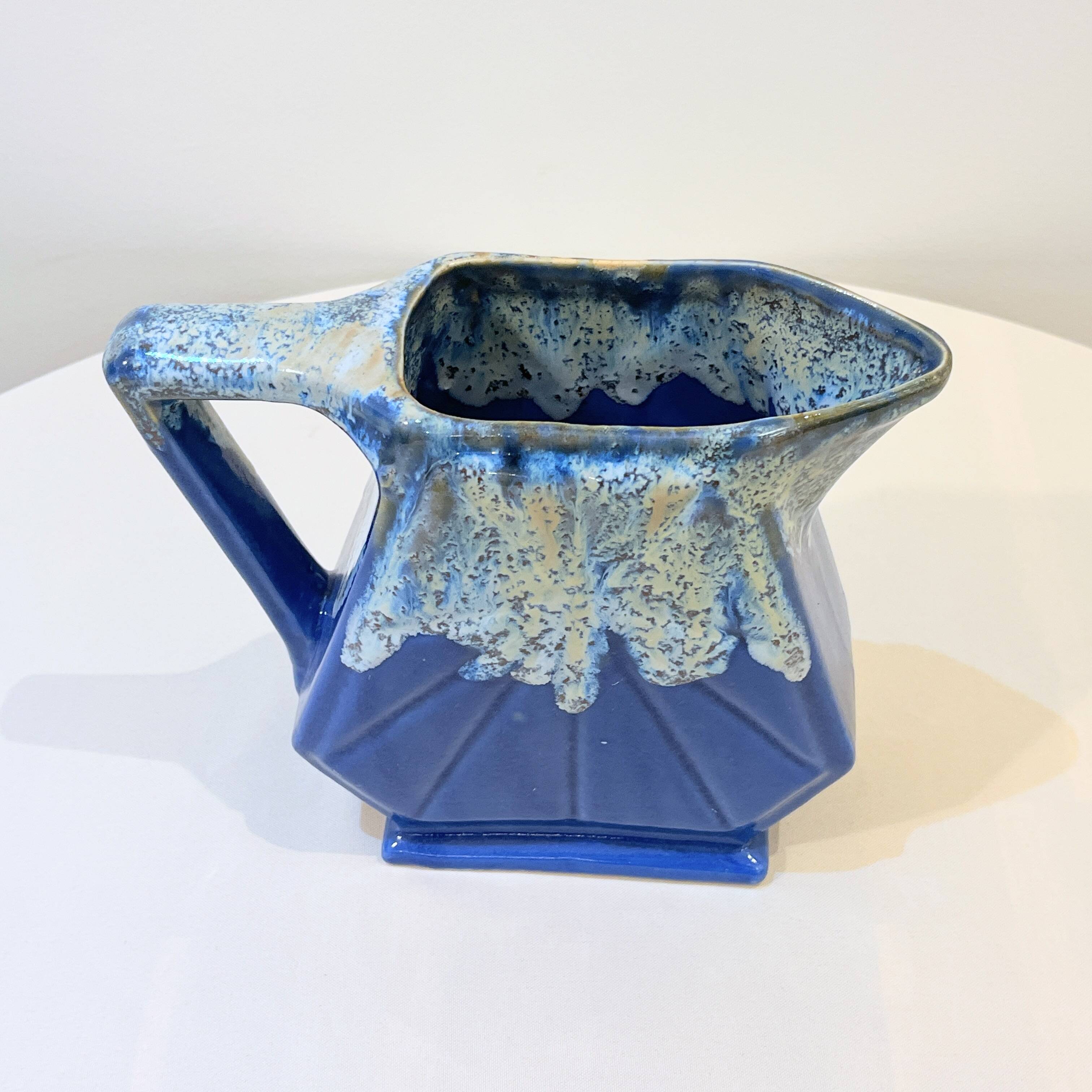 Large alpho fat lava art deco pitcher with blue ceramic handles 1930