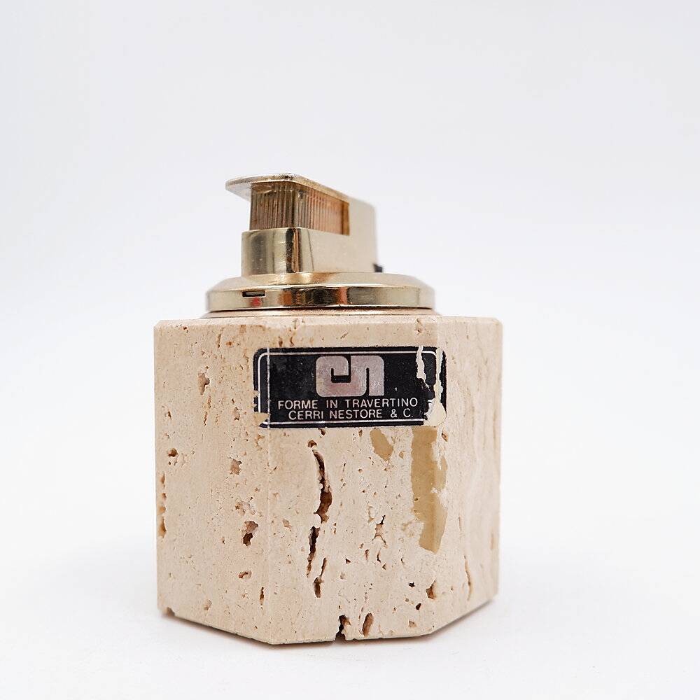 Vintage octagonal table lighter by Cerri Nestore in travertine - Italy 1970s