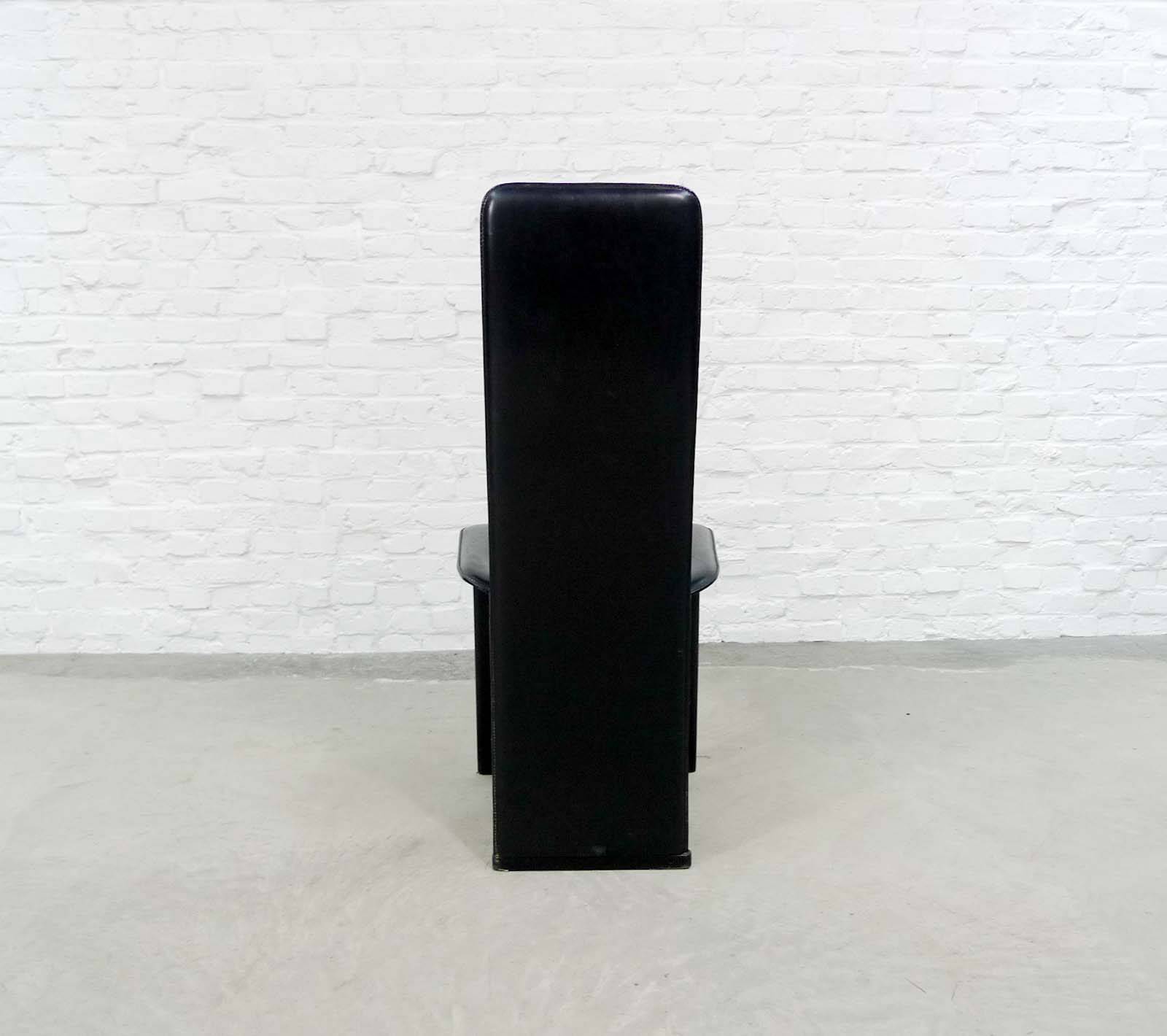 Cidue Style Black Sadle Leather High Back Italian Design Dining Chairs 70s