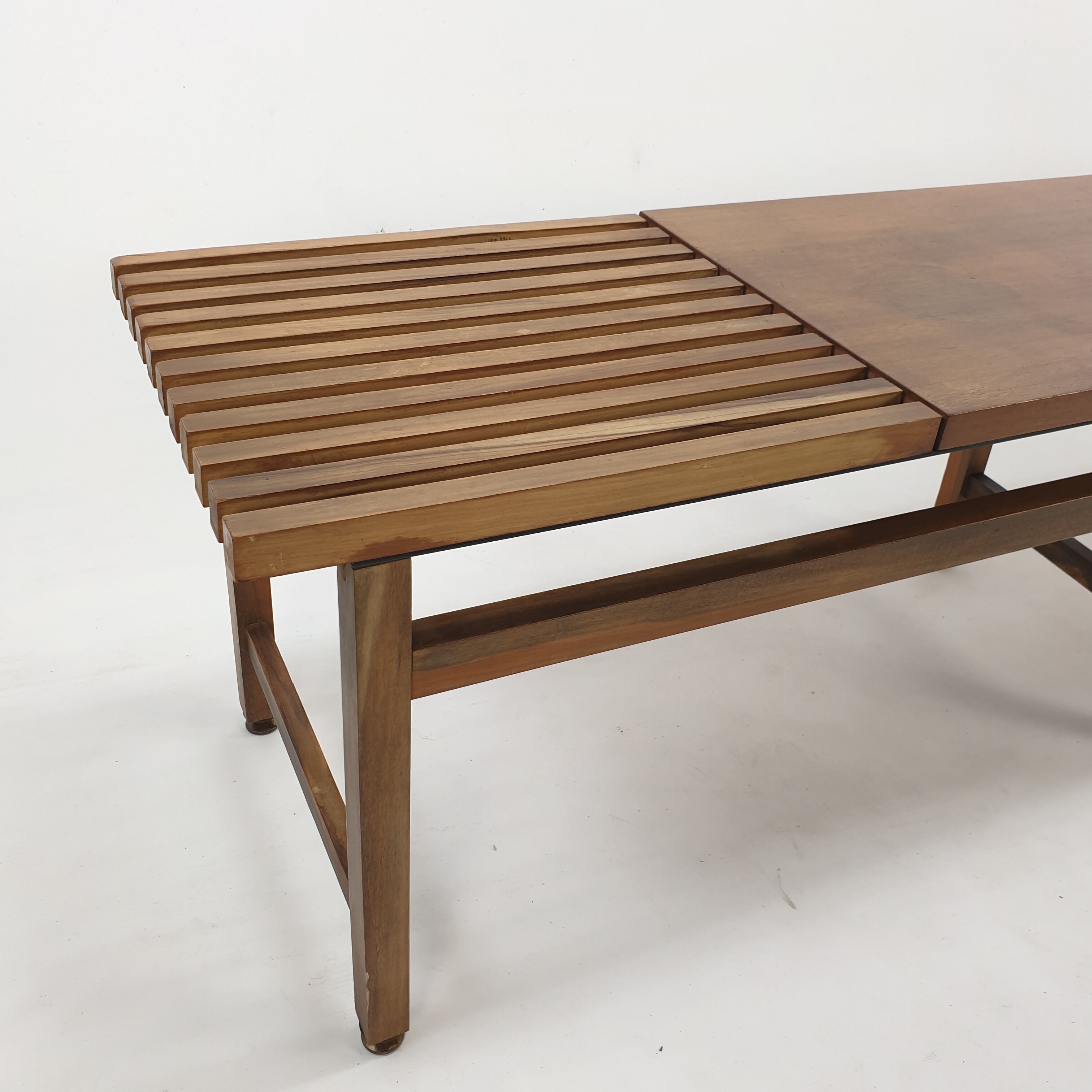 Bench in walnut and teak with brass feet, italy 1950s