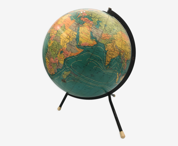 Globe ancien structure métal cartes Taride sur pieds tripode
