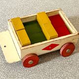 Wooden pull-along toy with coloured blocks, vintage toy.