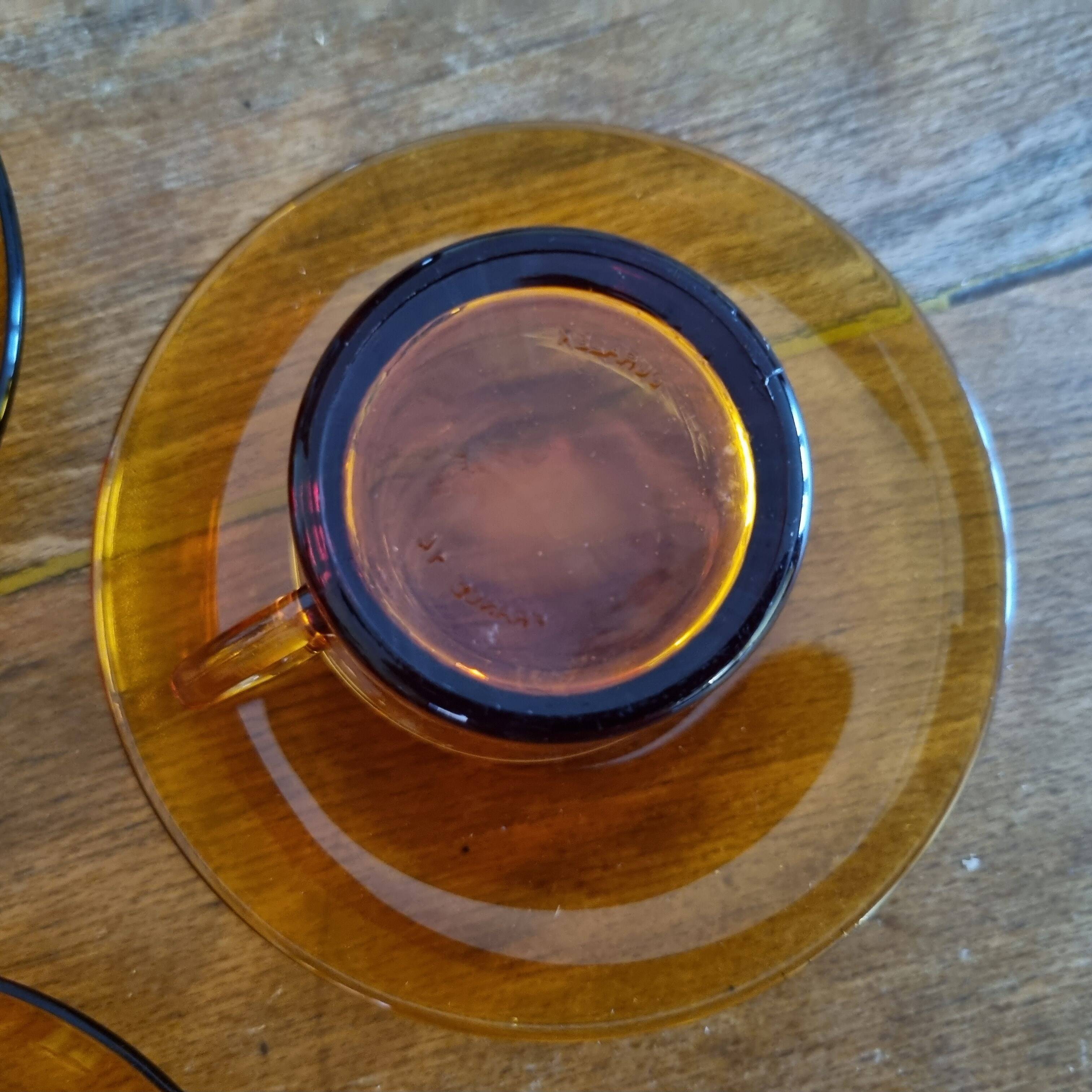 Set of 6 cups & saucers vintage Duralex amber glass signed