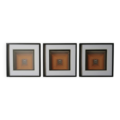 Triptyque Tableaux Vintage Art Optique - Victor Vasarely - 3 Cadres 40