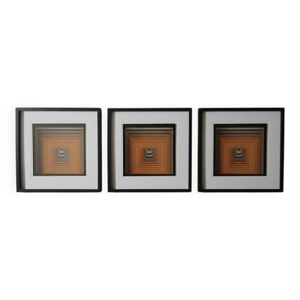 Triptyque Tableaux Vintage Art Optique - Victor Vasarely - 3 Cadres 40