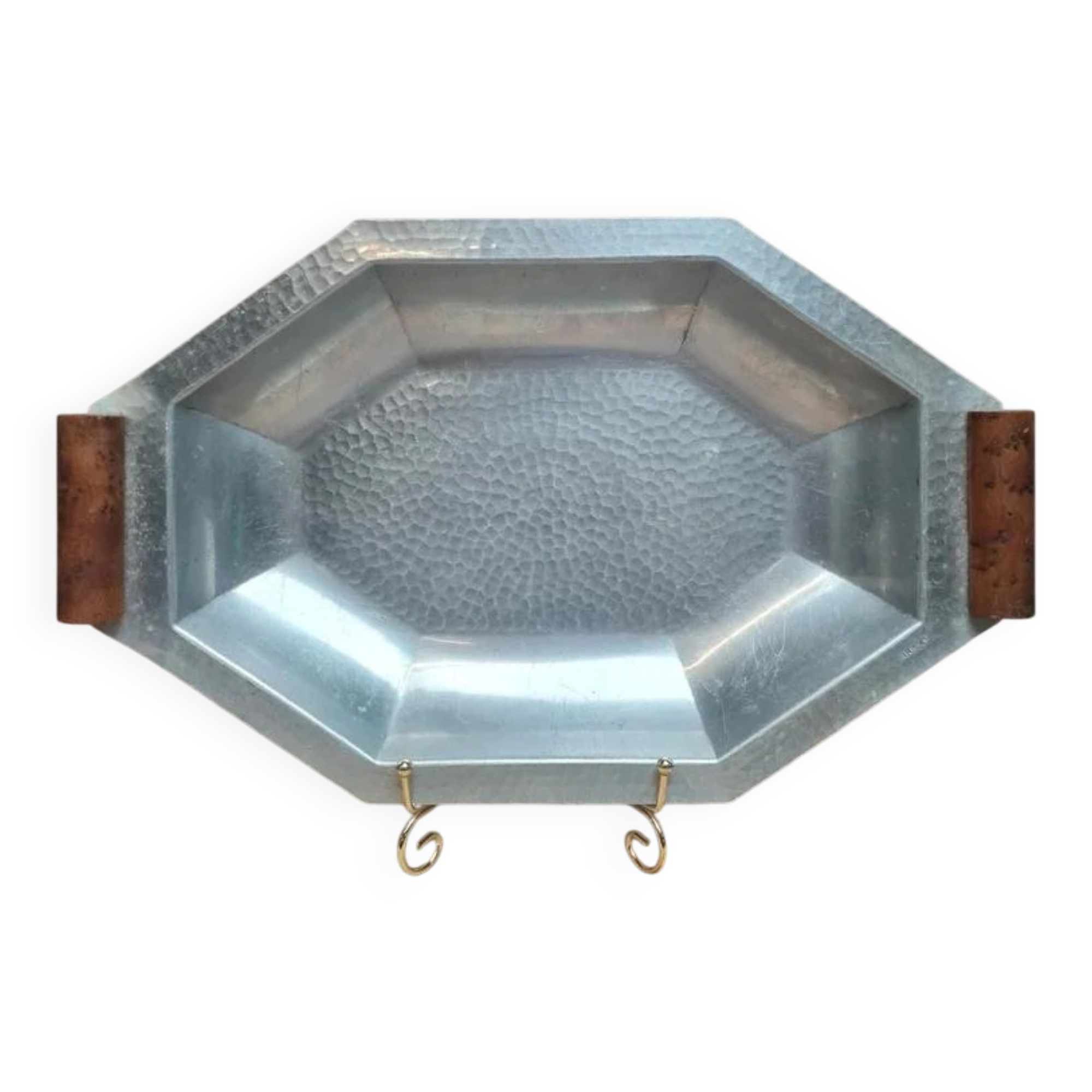 Vintage hammered aluminium tray with wooden handles – Art Deco / modernist style