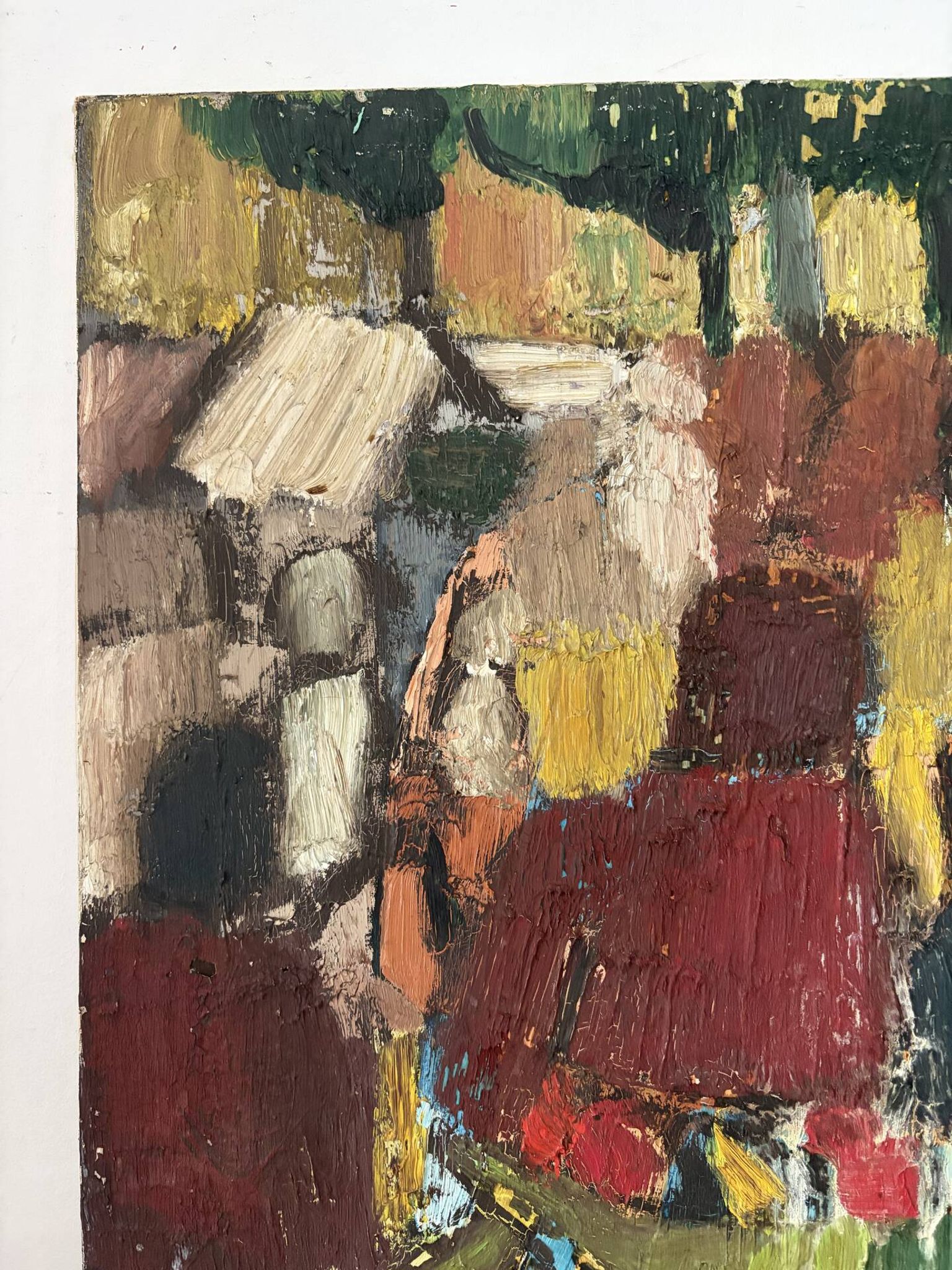 Abstract characters, knife oil, signed Menin.