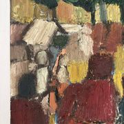 Abstract characters, knife oil, signed Menin.