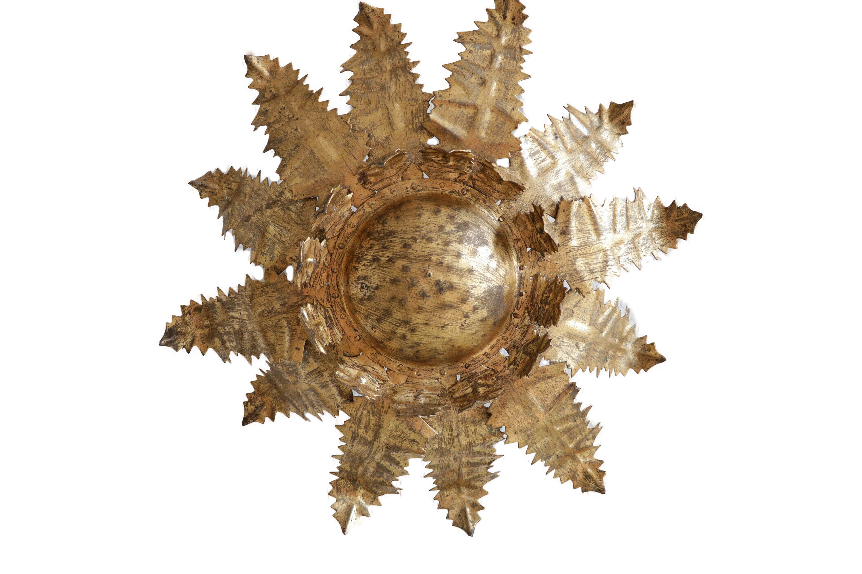 Vintage sunburst ceiling light, gold, floral pattern, 50s brutalism