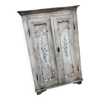 Grey double wardrobe in hand-painted pine — romantic floral pattern, 1920s era.