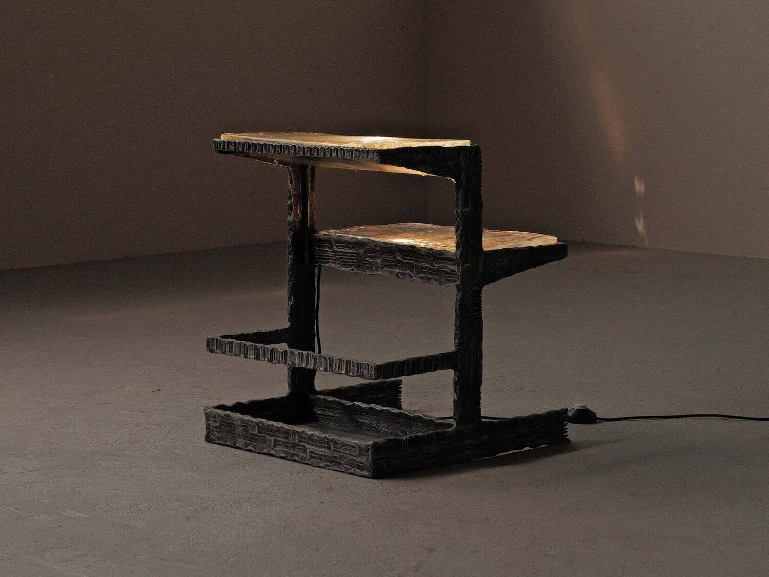 Illuminated side table in wrought iron, France, circa 1970.