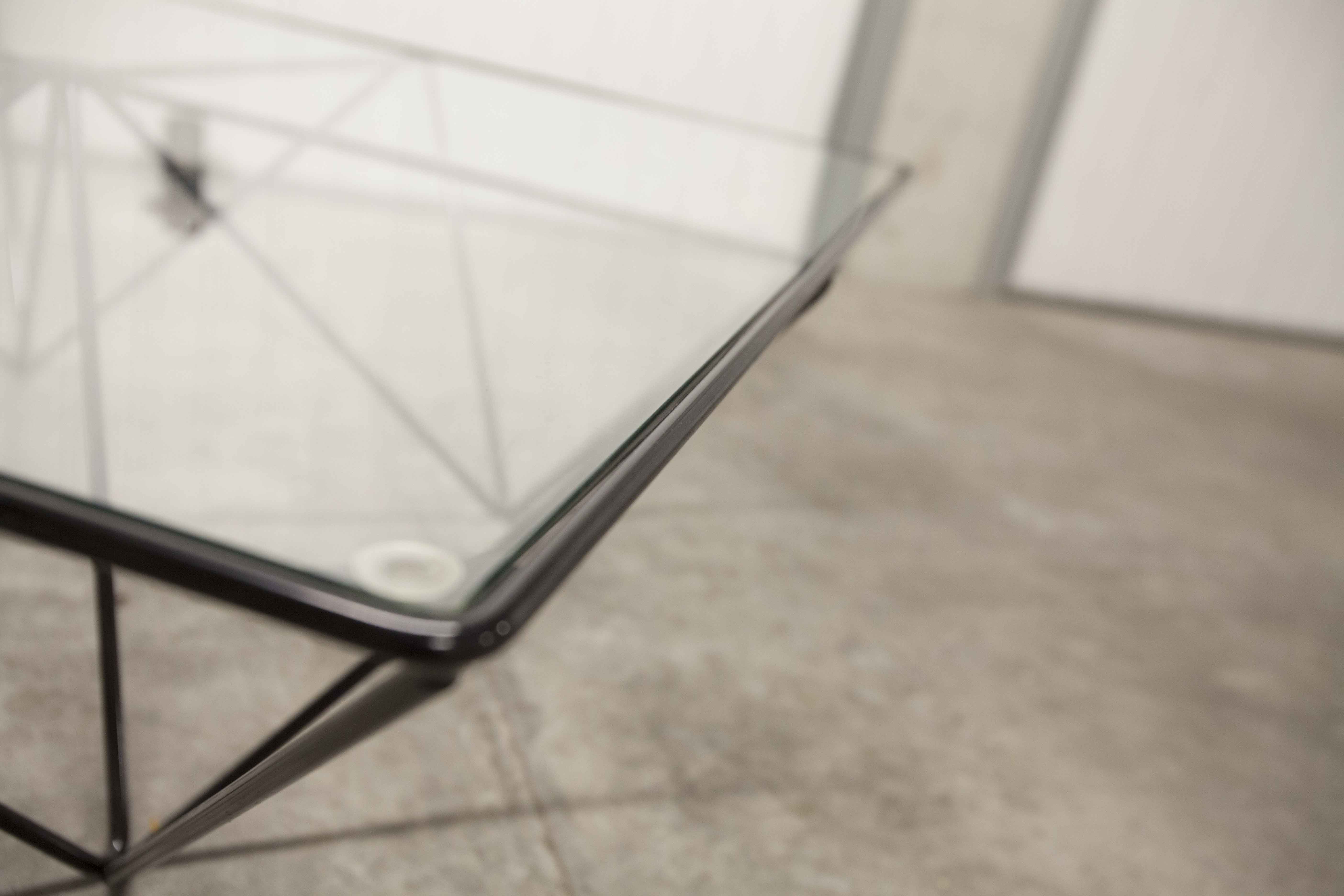 Square coffee table in glass and black satin metal 1980