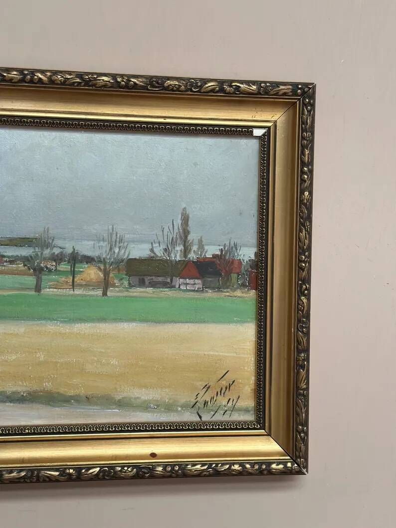 Original Swedish Oil on Panel – “Red Cottages” by Unknown Artist– Signed – Vintage & Framed – 48 × 40 cm (18.8" × 15.7")