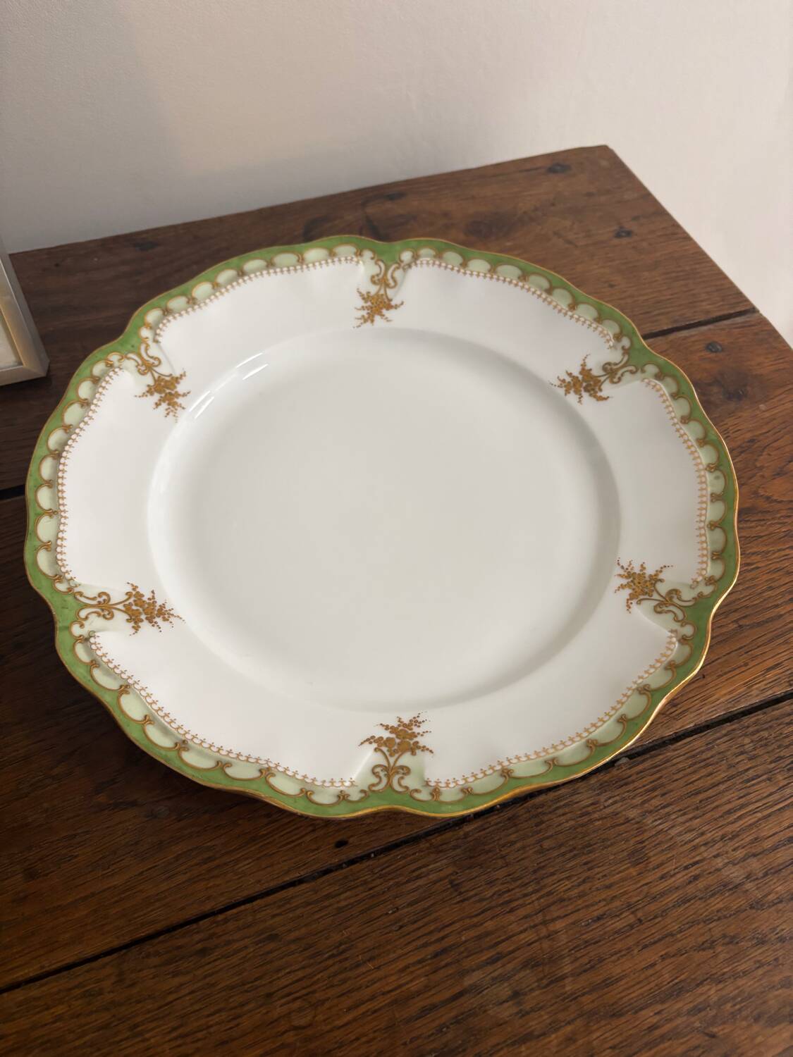Vintage round green Limoges porcelain serving platter with gold trim