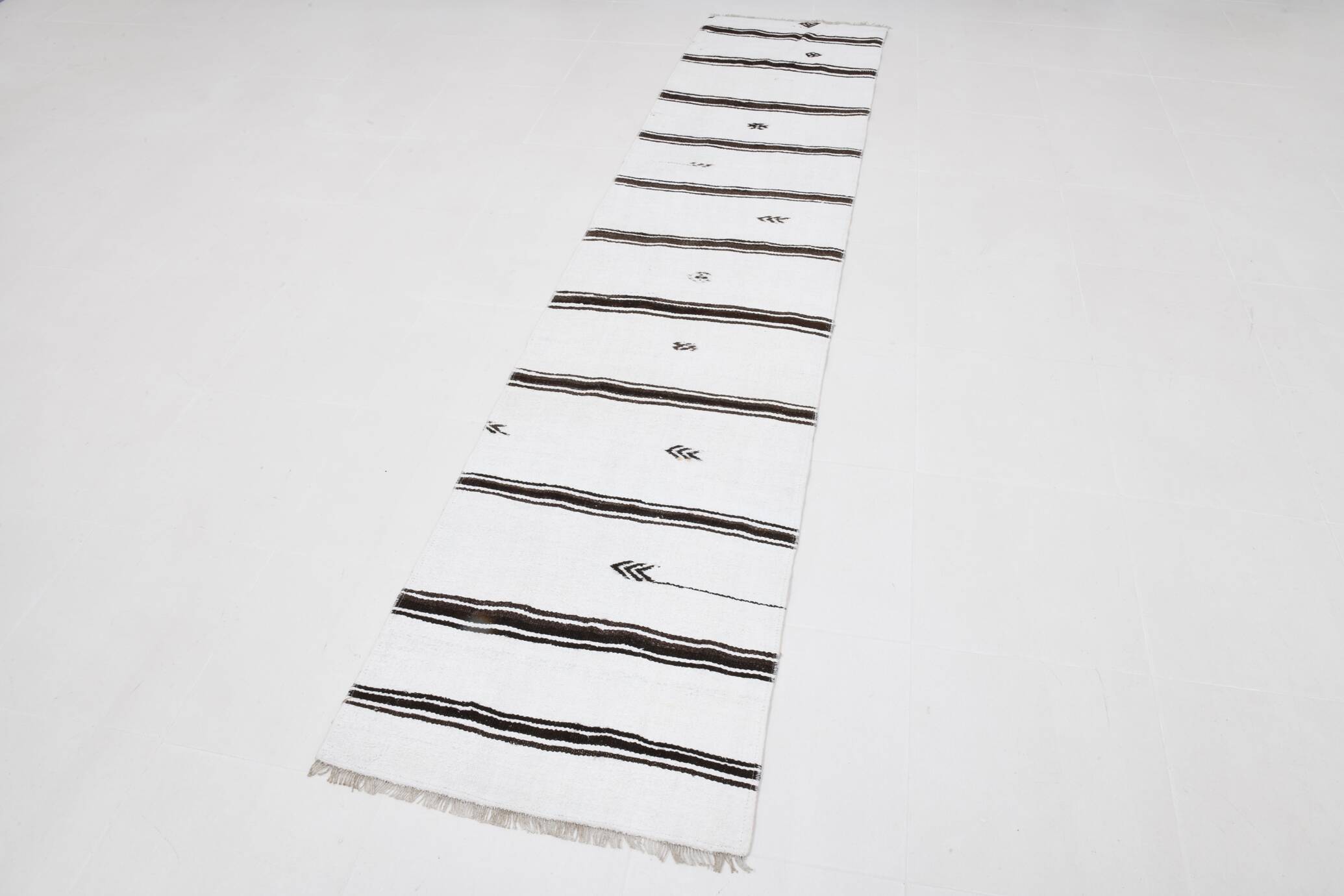 White Brown Striped Turkish Runner Rug, 70x310Cm