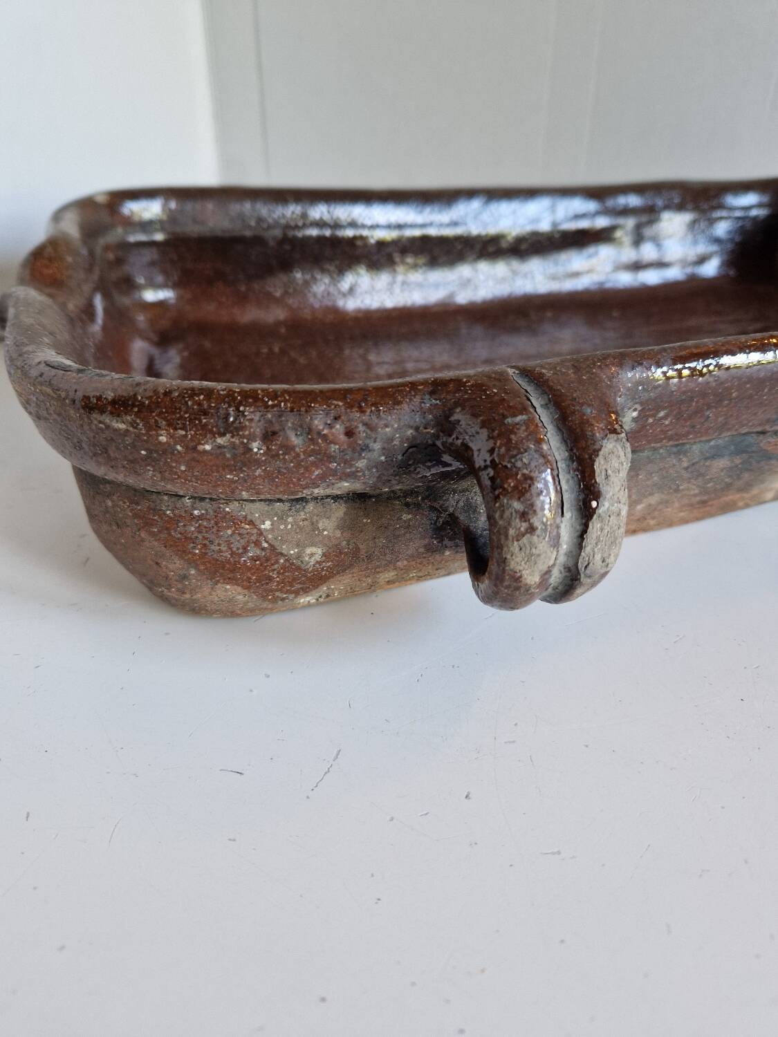 Ancien Plat À Jus Lechefrite 19e Terre Cuite Vernissée Art Populaire