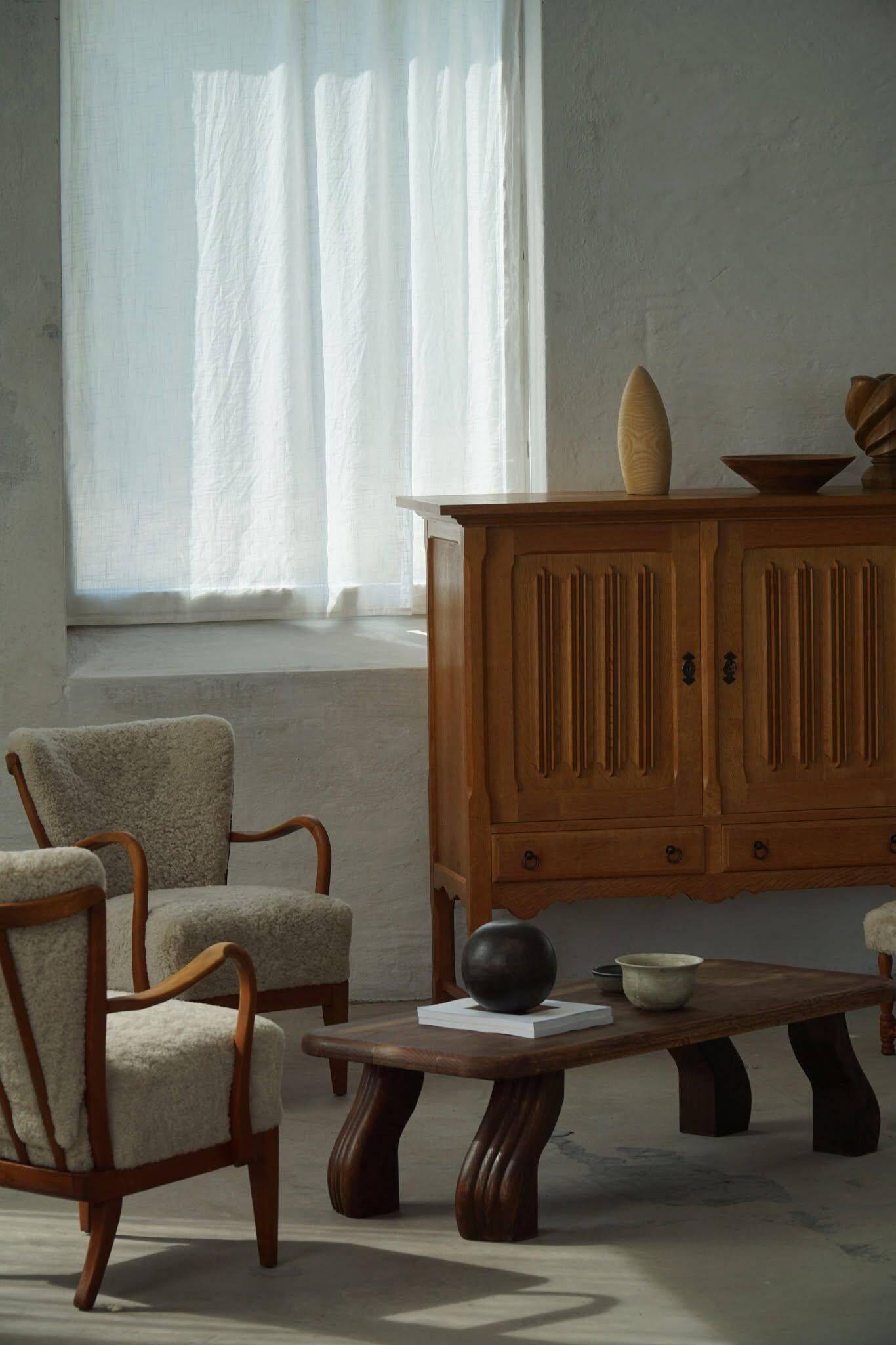 Brutalist oak sideboard, mid-century Danish design, Kjærnulf style, 1960s.