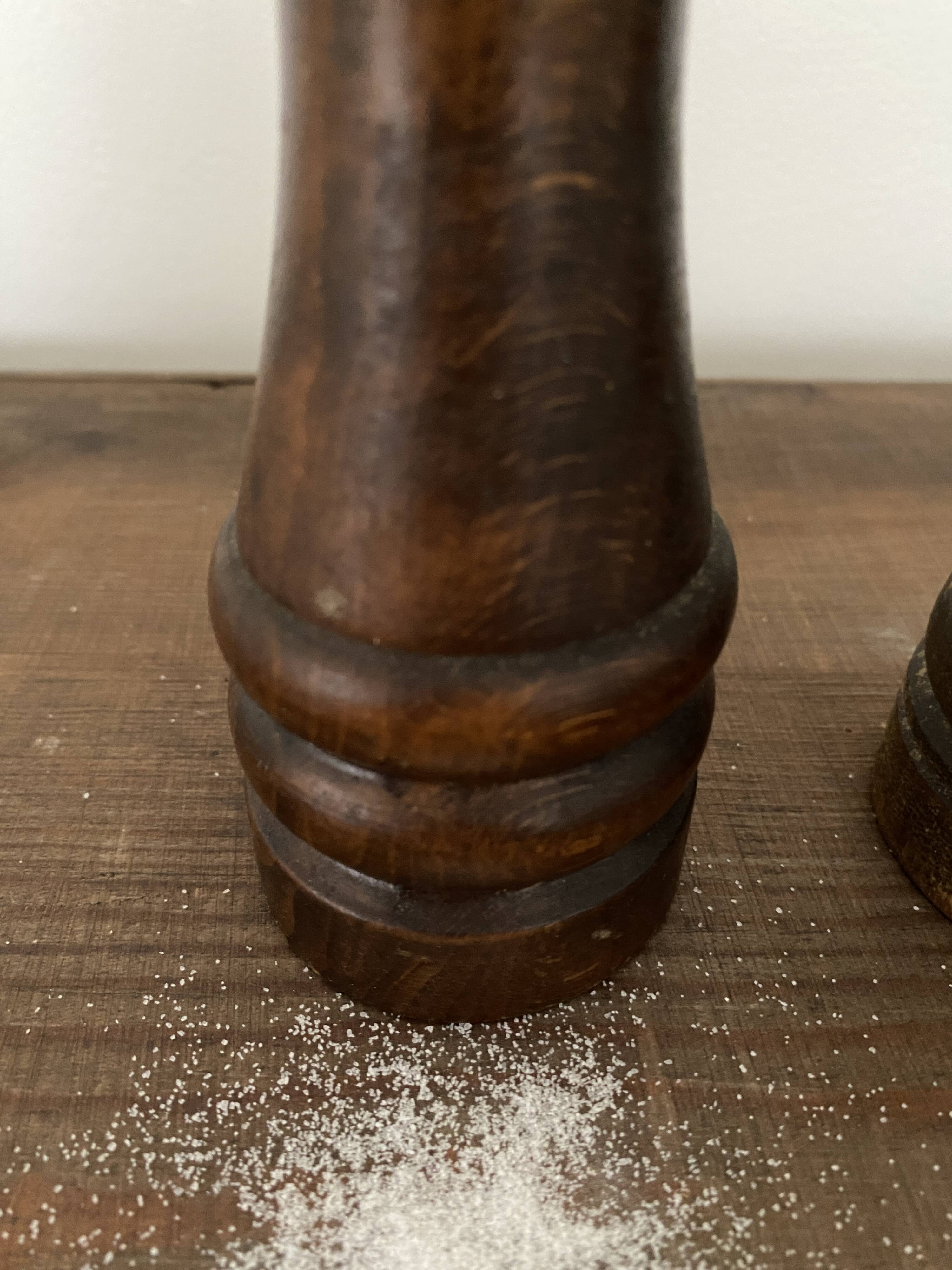 Vintage turned wooden pepper and salt mill