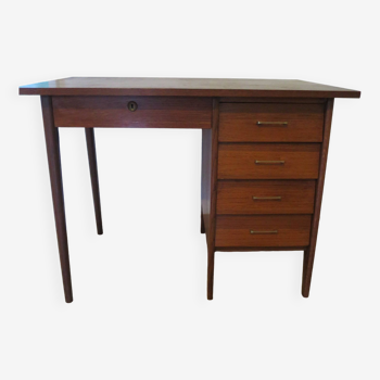 Beau bureau vintage années 70 - couleur chêne - 5 tiroirs et 1 clé - Style scandinave