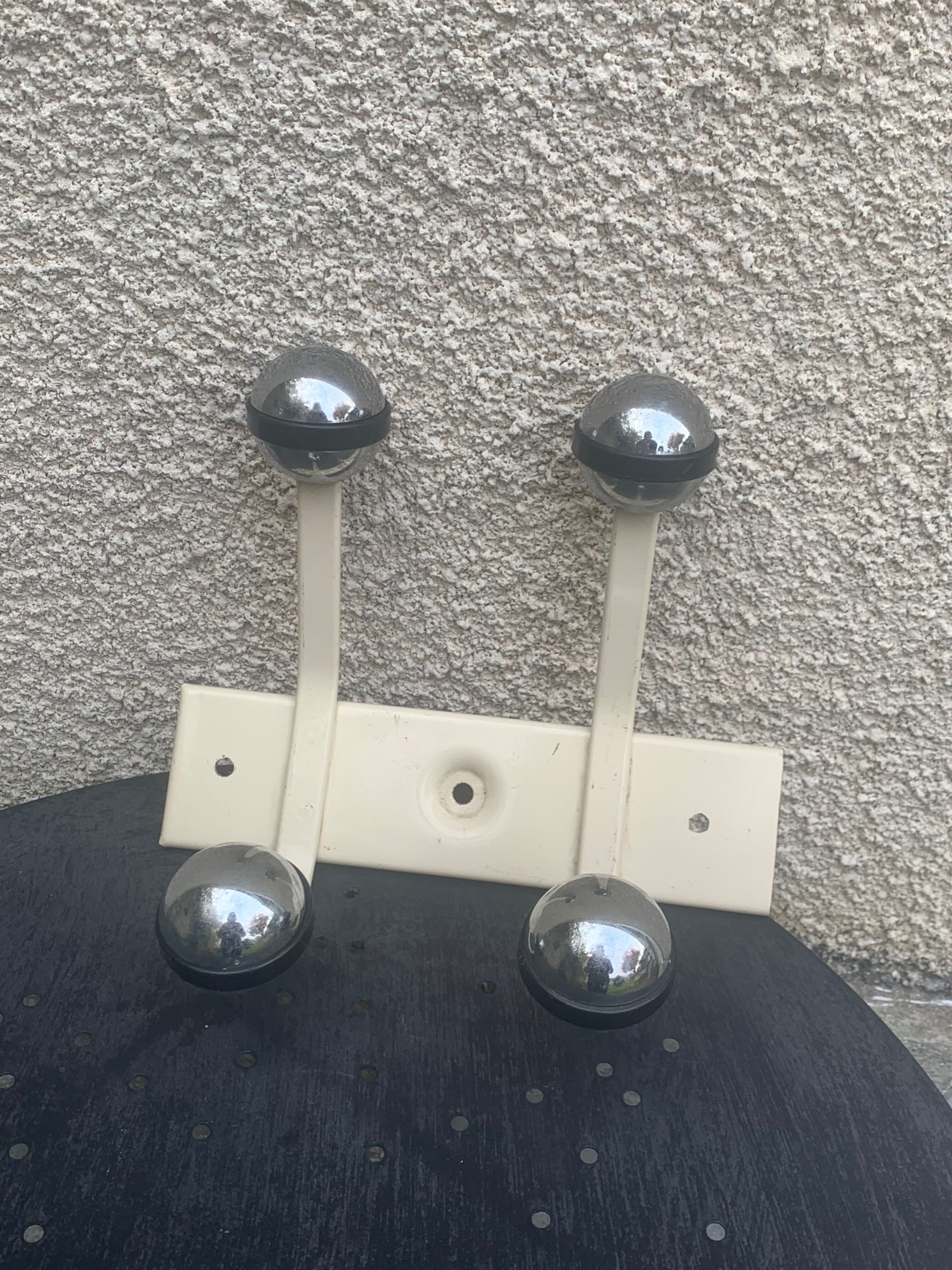 Industrial wall coat rack two hooks in white lacquered metal and vintage silver 1970
