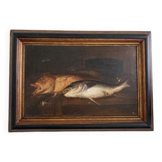 Oil on canvas still life with fish 19th