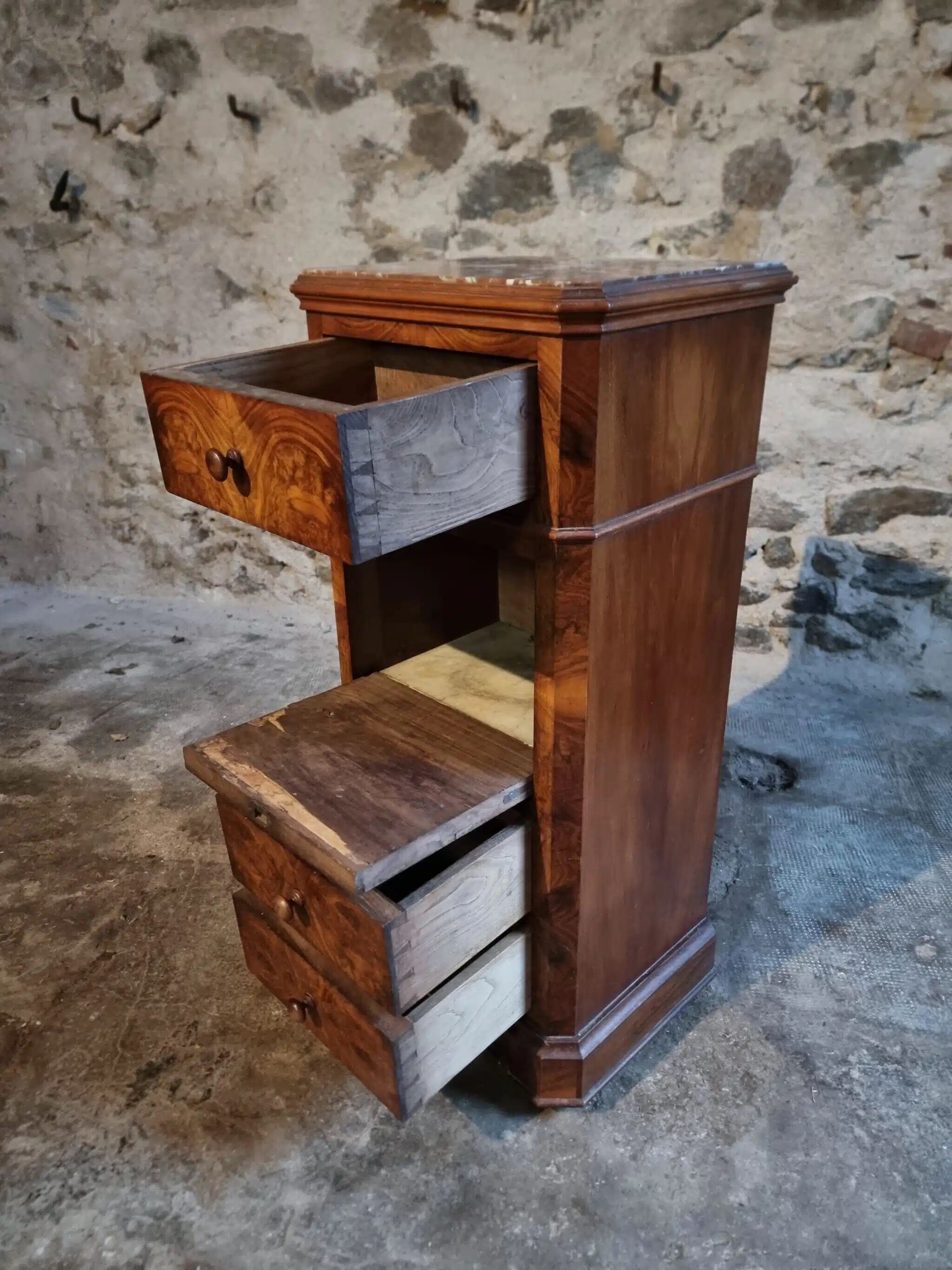 French antique bedside table in oak with walnut burl veneer, circa 1900.
