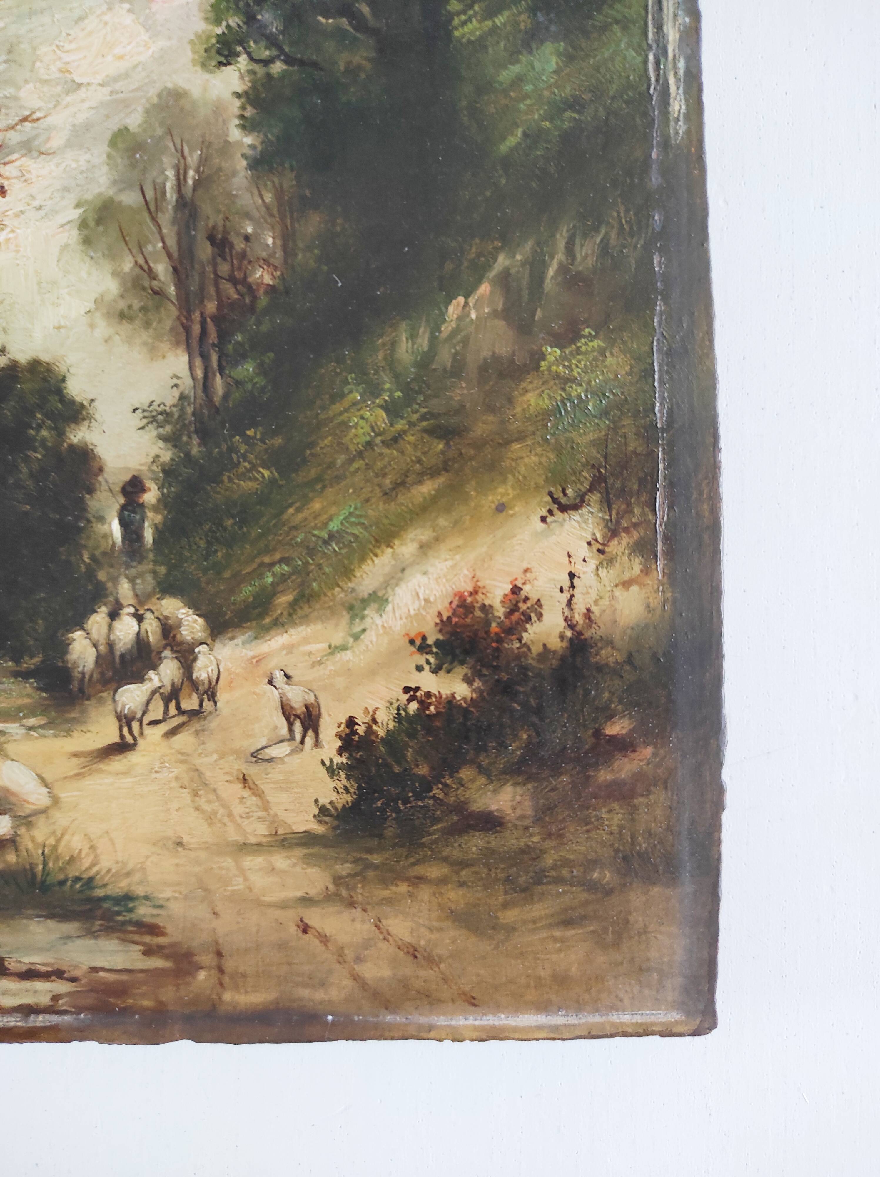Shepherd with his sheep oil on panel 19th century