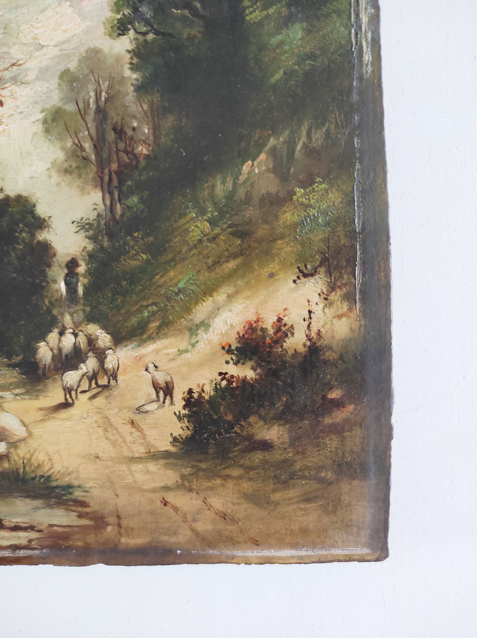 Huile sur panneau "Berger avec ses moutons", XIXème s.