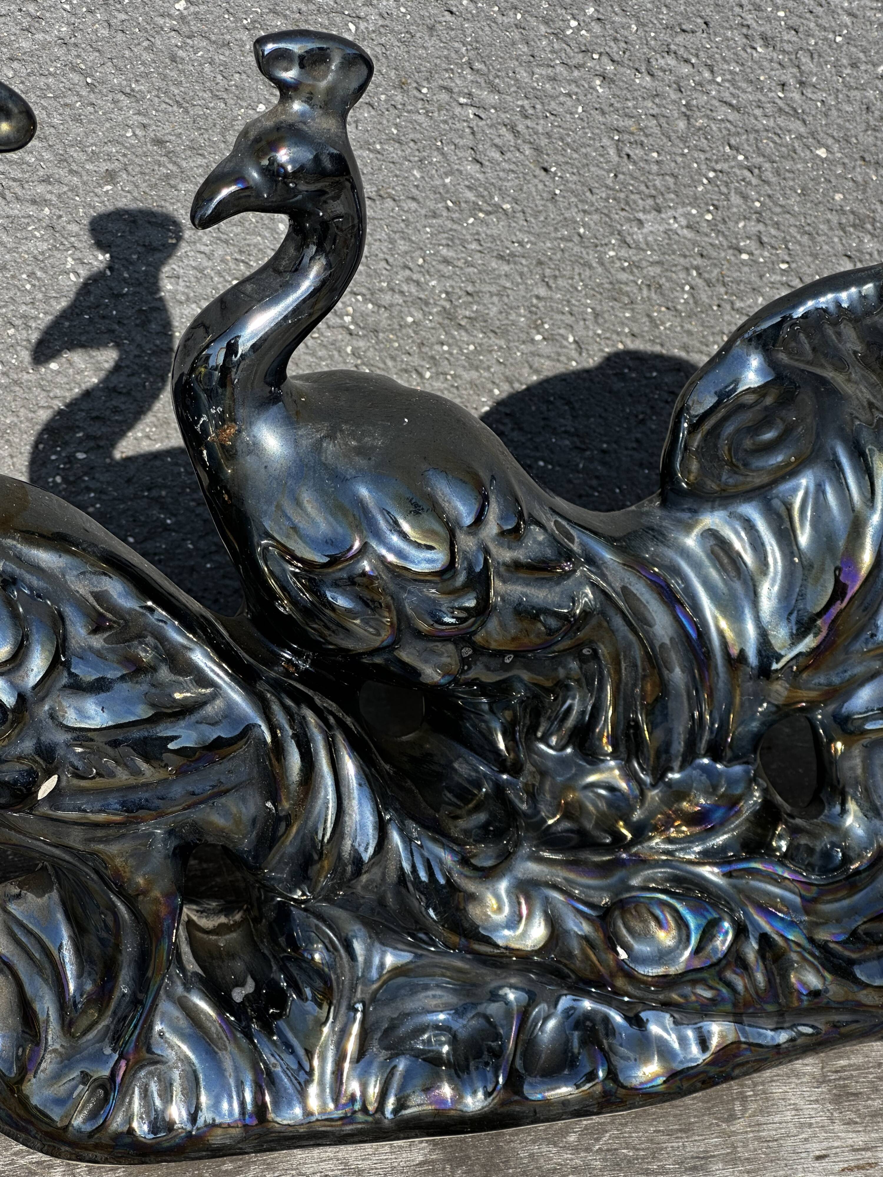 Centerpiece Pair of Peacocks Ceramic Vallauris Iridescent Anthracite Grey