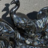 Centerpiece Pair of Peacocks Ceramic Vallauris Iridescent Anthracite Grey