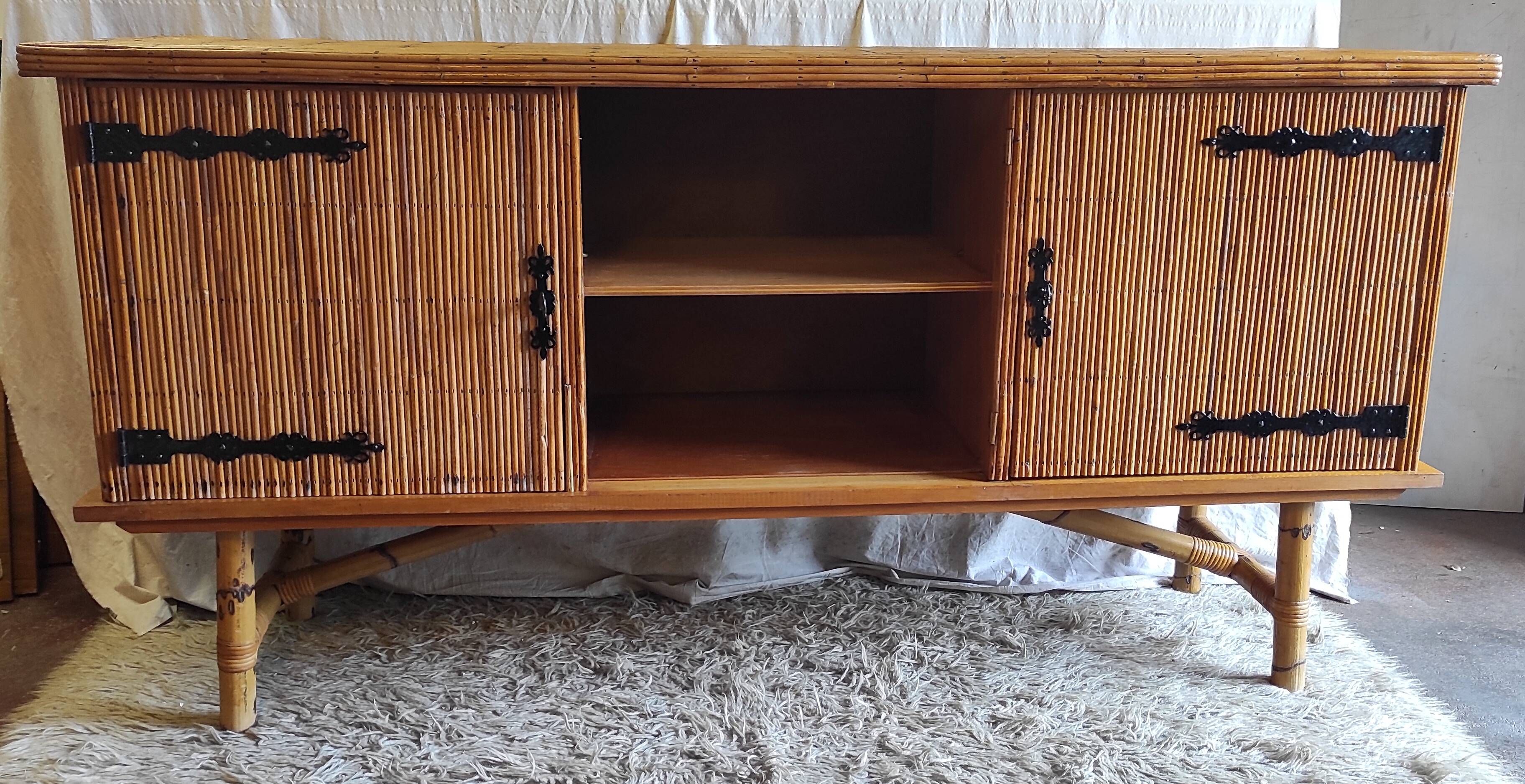 Rattan and bamboo sideboard in the style of "Le doux Minet" - 1960s/70s