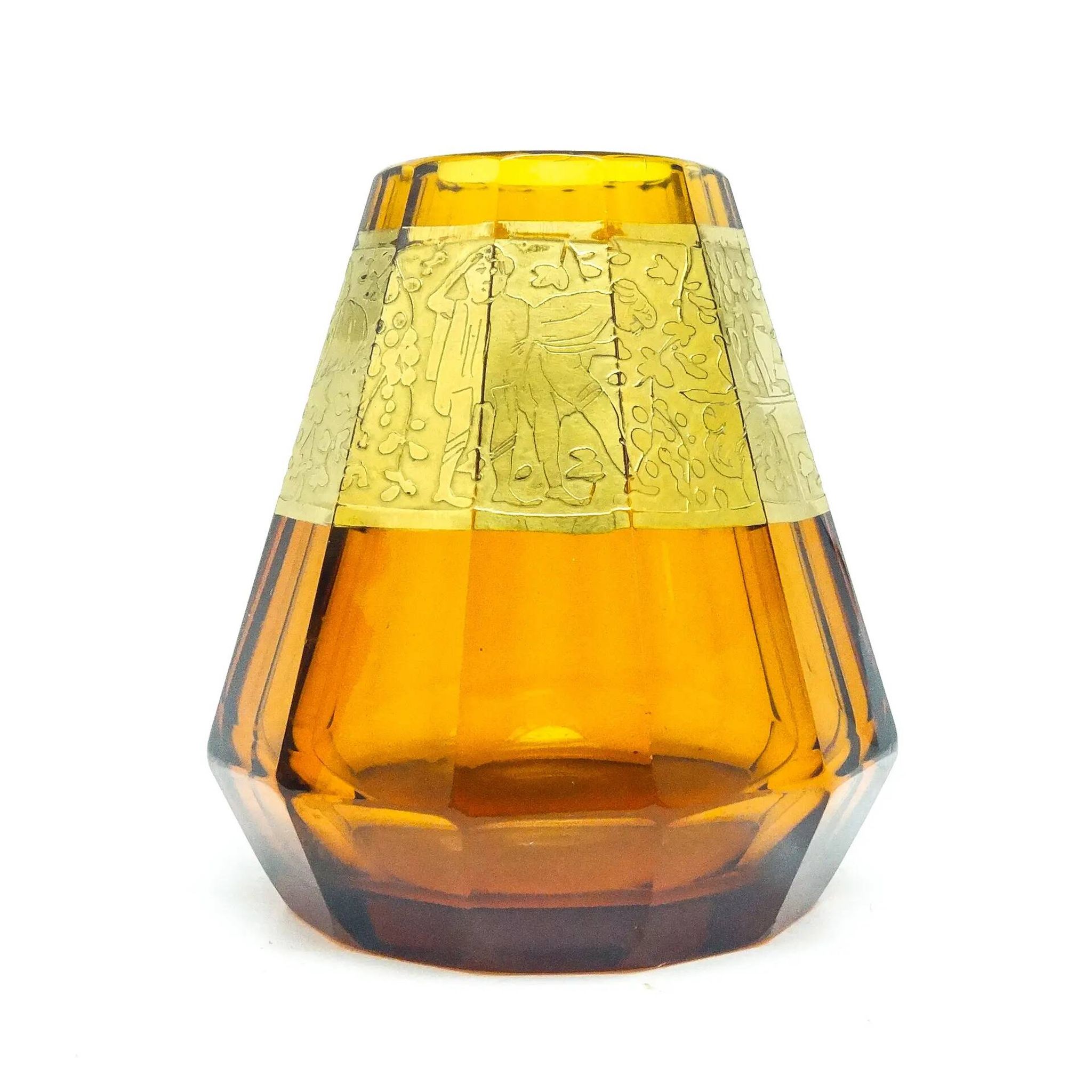 Art Deco vase, honey glass, oroplastic, Czechoslovakia, 1930s