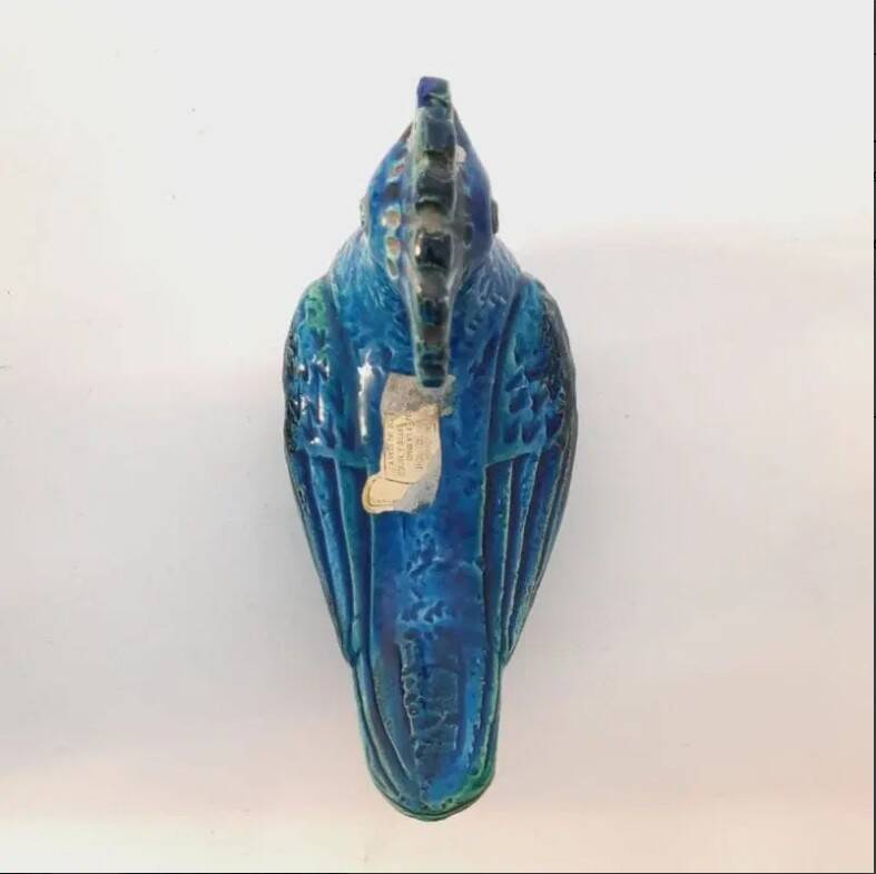 Pair of vintage peacock statues, Aldo Londi for Bitossi, Rimini blu series.