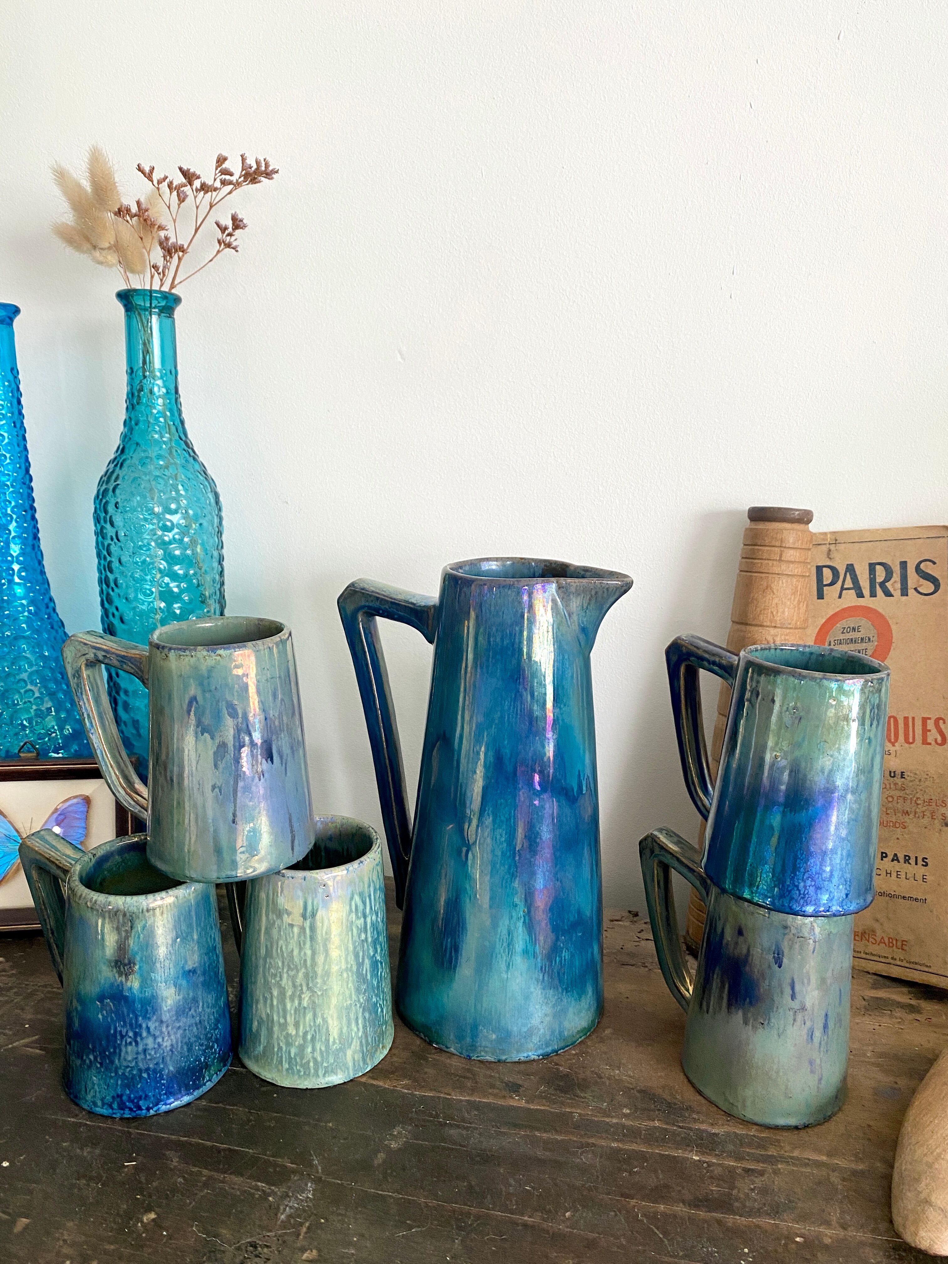 Pichet et tasses en grès rambervillers