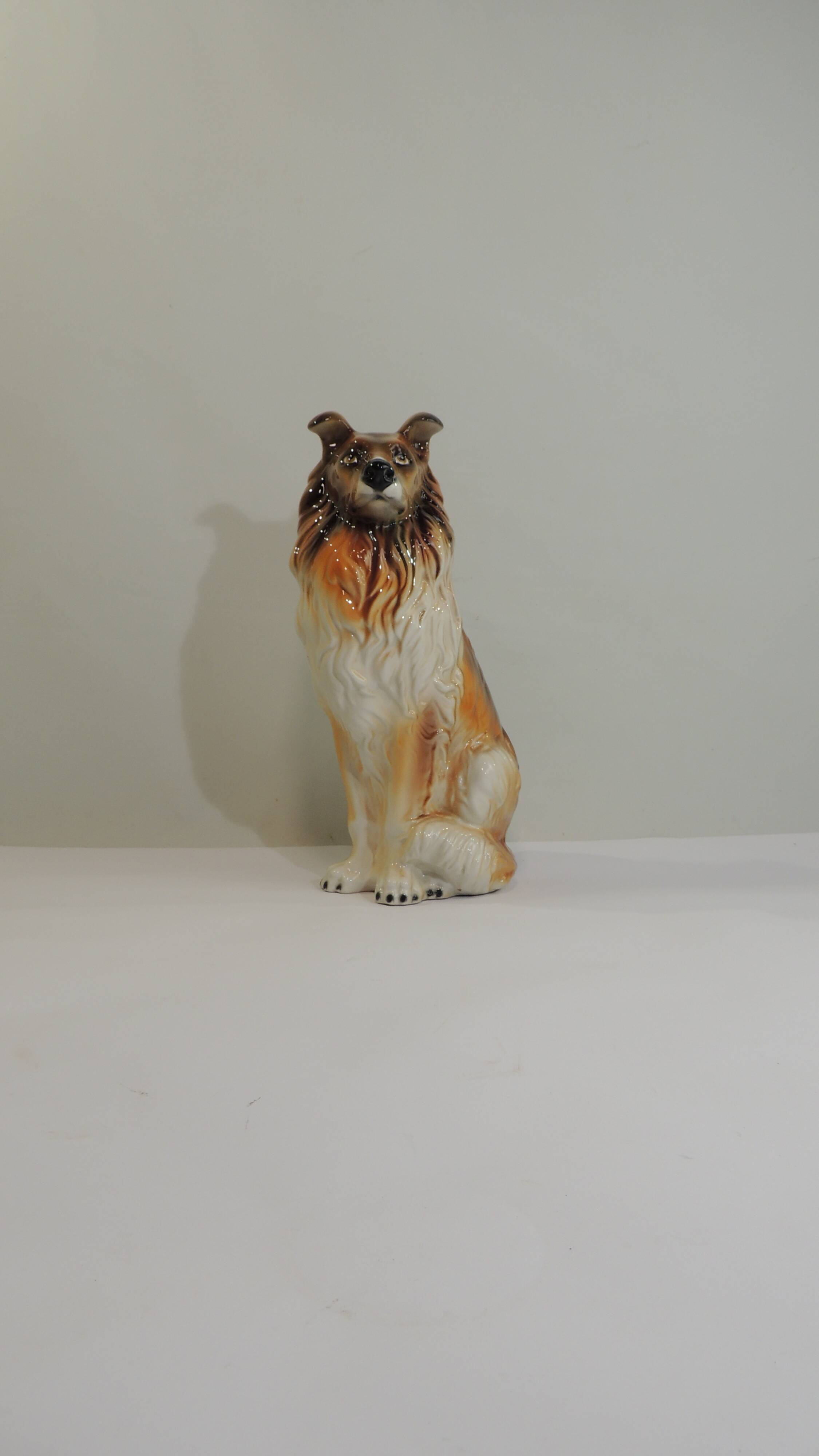 Vintage Ceramic Sitting Collie Dog Sculpture