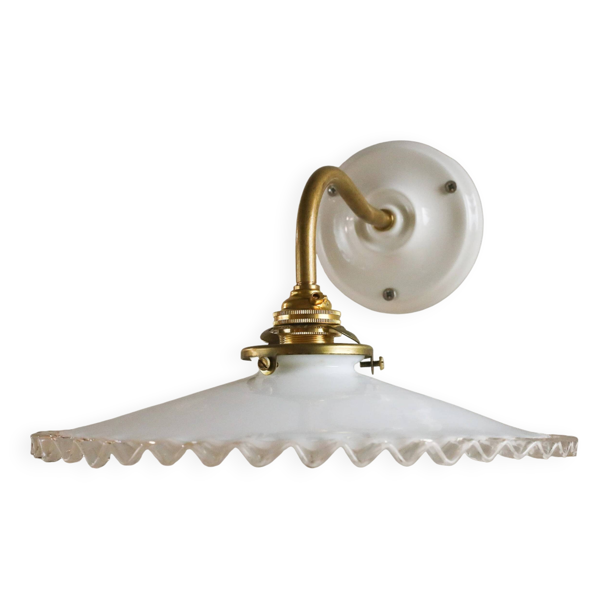 Wall light in white opaline glass, with ceramic and brass support