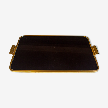 Golden metal tray with black glass top Italia Anni '70