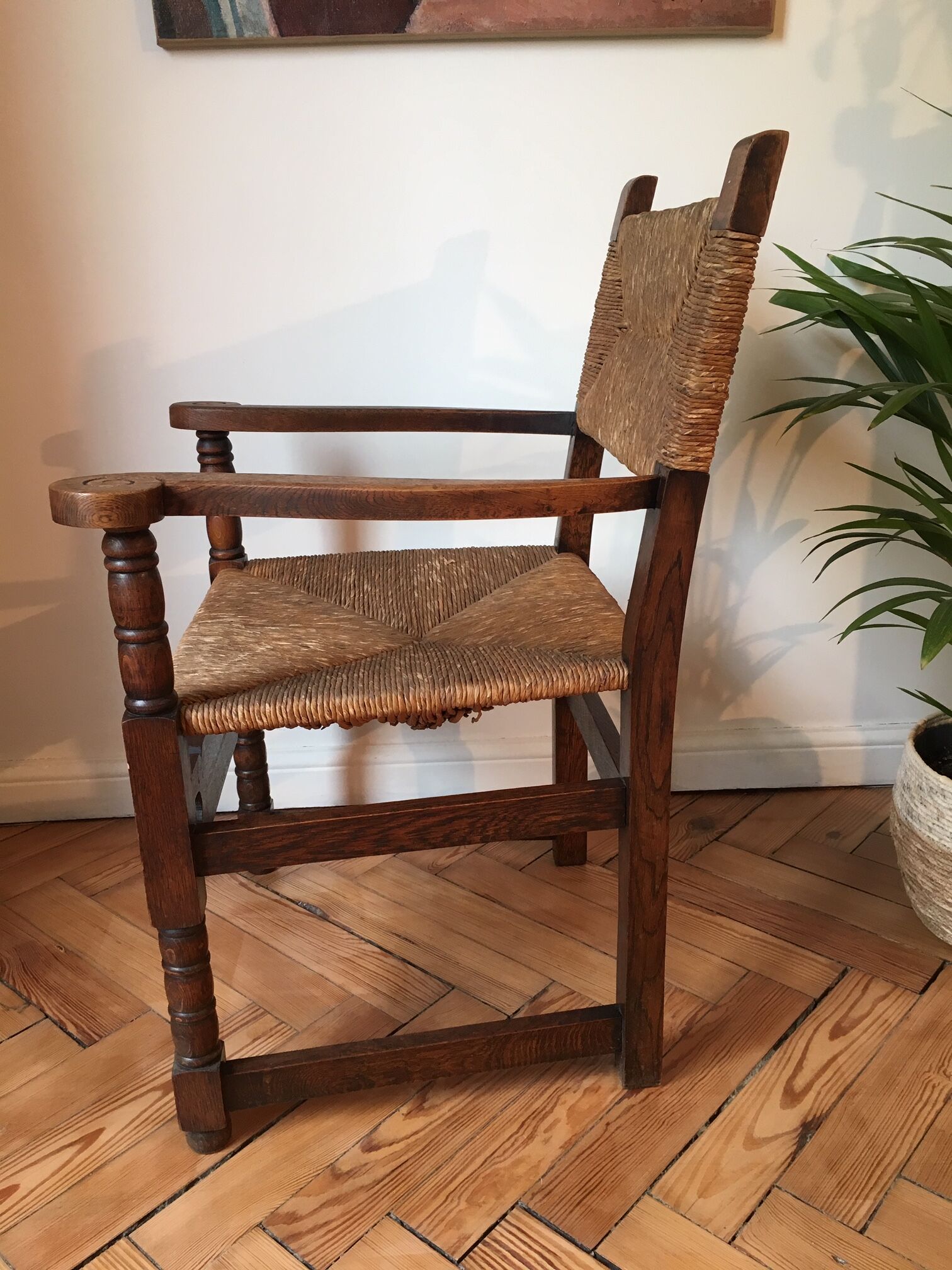 Rustic armchair solid wood and plaited straw