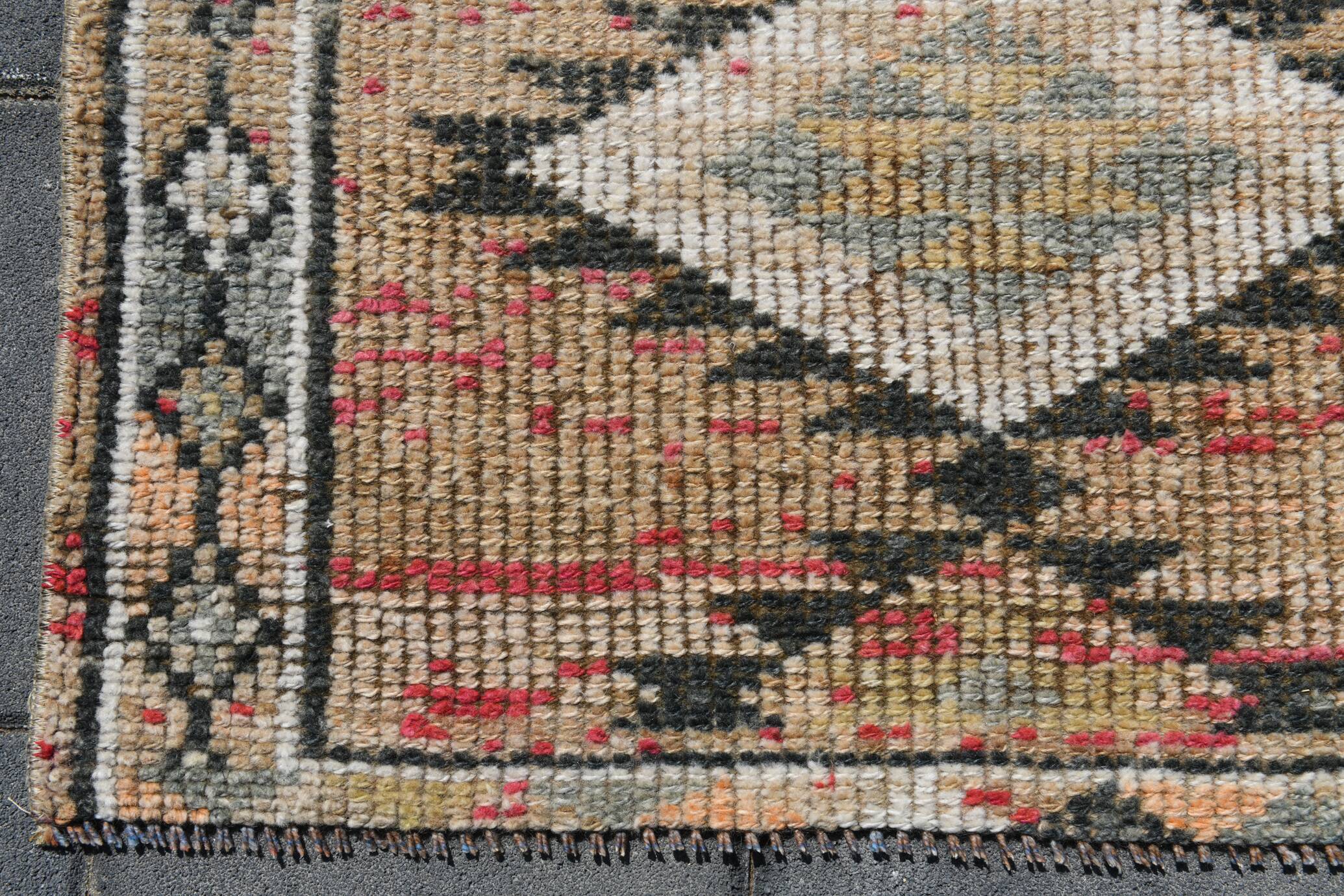 Tapis Couloir Vintage Beige Motifs Géométriques Anatoliens, 91x352 Cm