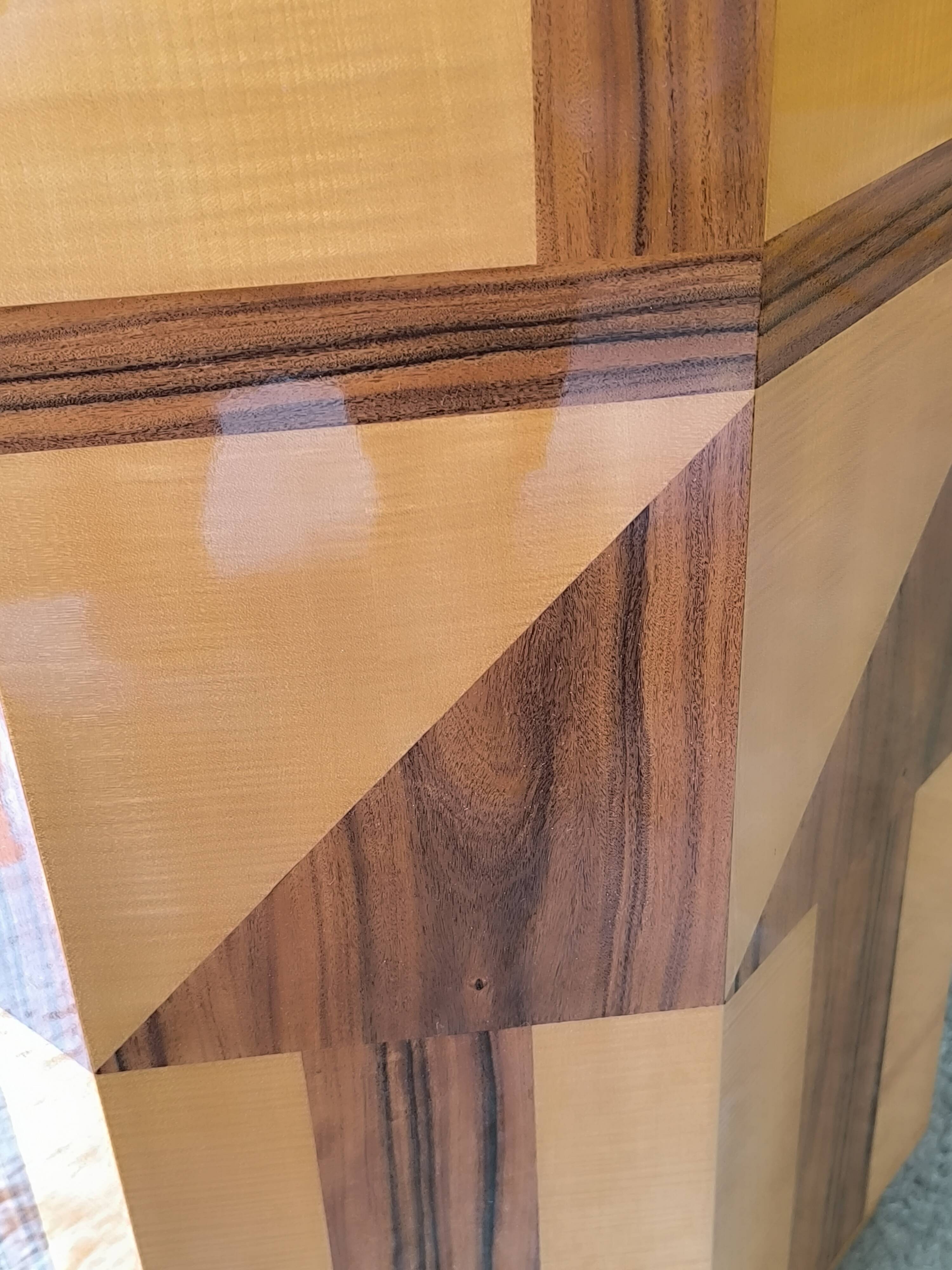 Postmodern octagonal gueridon in sycamore and rosewood, 1980–1990