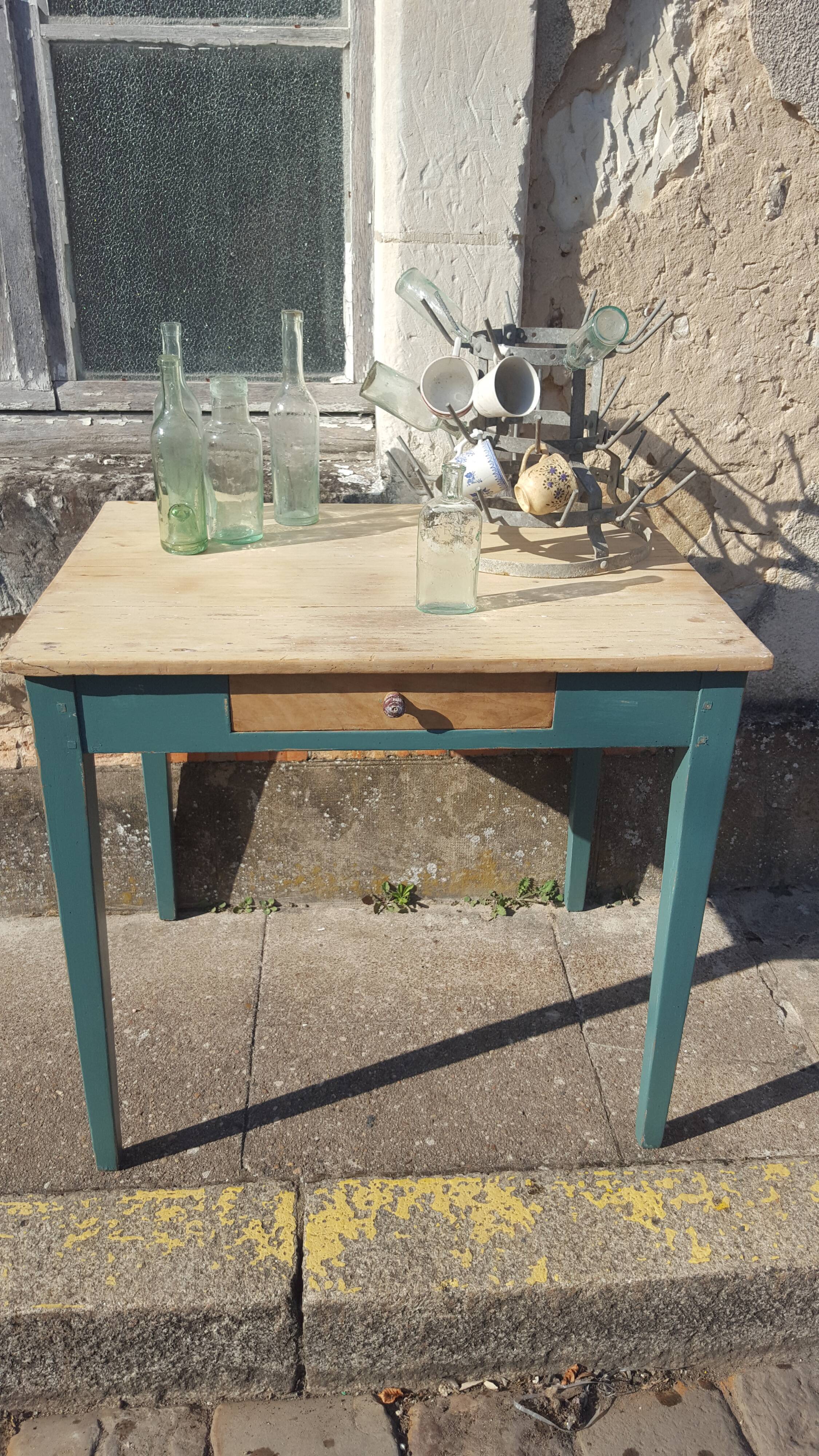 Table de ferme d'appoint patine turquoise