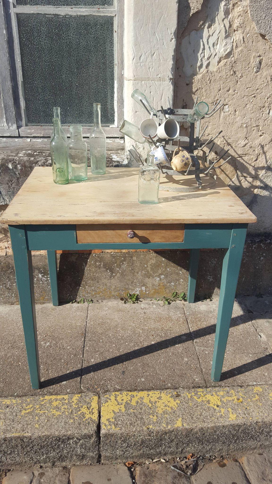 Table de ferme d'appoint patine turquoise