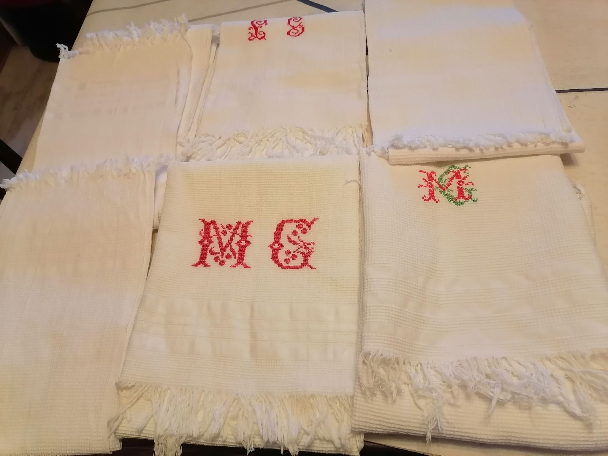 Set of 6 towels cotton i honeycomb fringes 1930 50