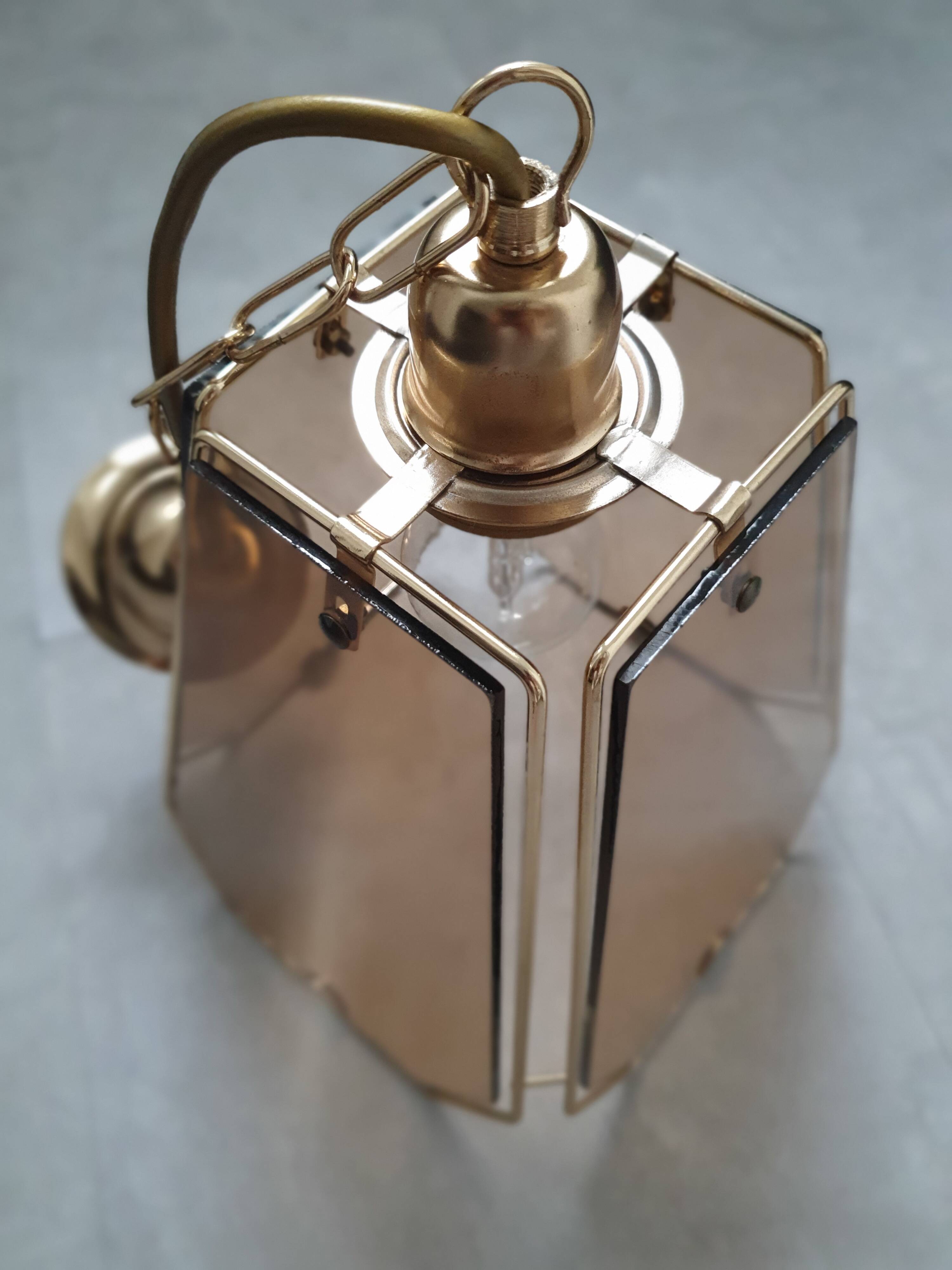 Vintage 70s chandelier in smoked glass and brass