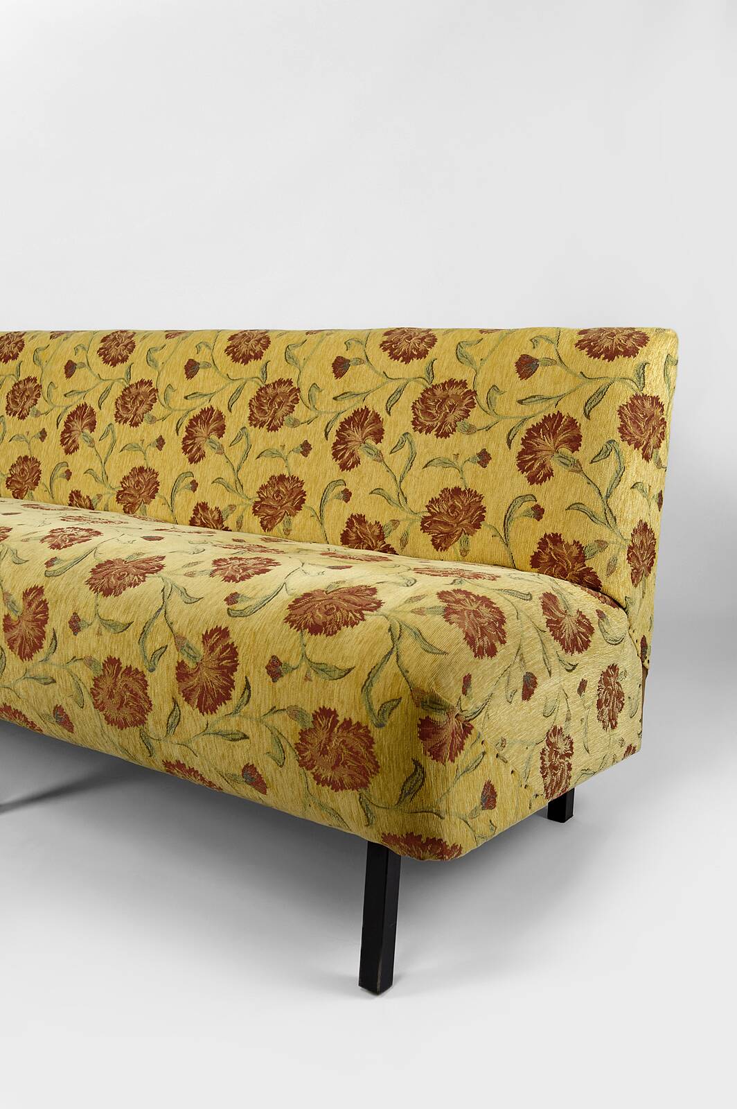 Bench with yellow and red floral fabric, France, circa 1960