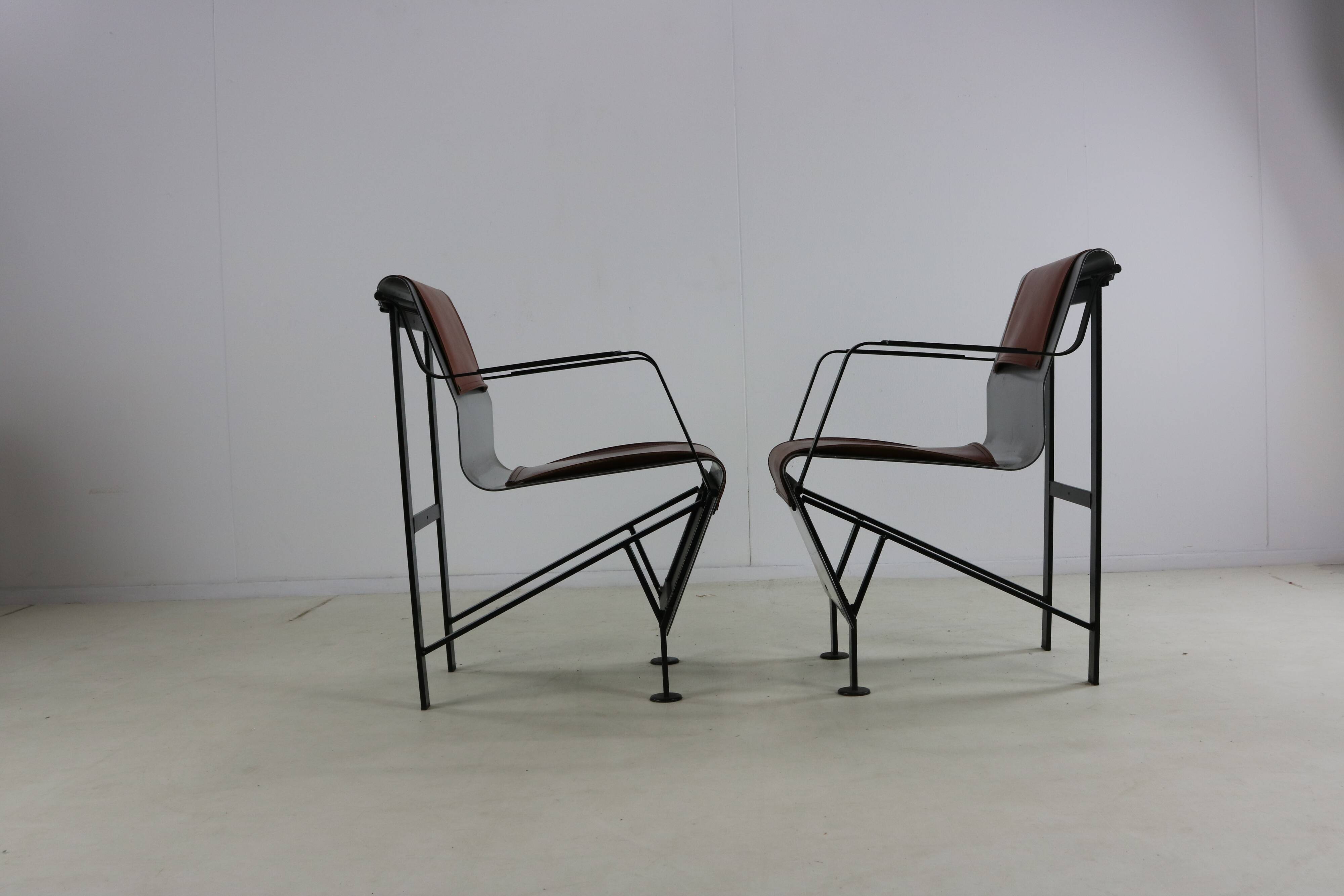 Eighties design set of two aluminium and steel Belgian design chairs